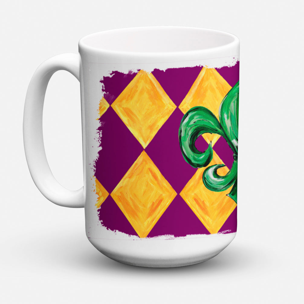 Mardi Gras Fleur de lis Purple Green and Gold Ceramic Coffee Mug 15 oz Decorative Large C Handle Mug Cup for Tea, Cocoa Hot Chocolate