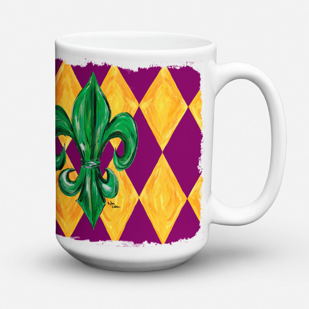 Mardi Gras Fleur de lis Purple Green and Gold Ceramic Coffee Mug 15 oz Decorative Large C Handle Mug Cup for Tea, Cocoa Hot Chocolate