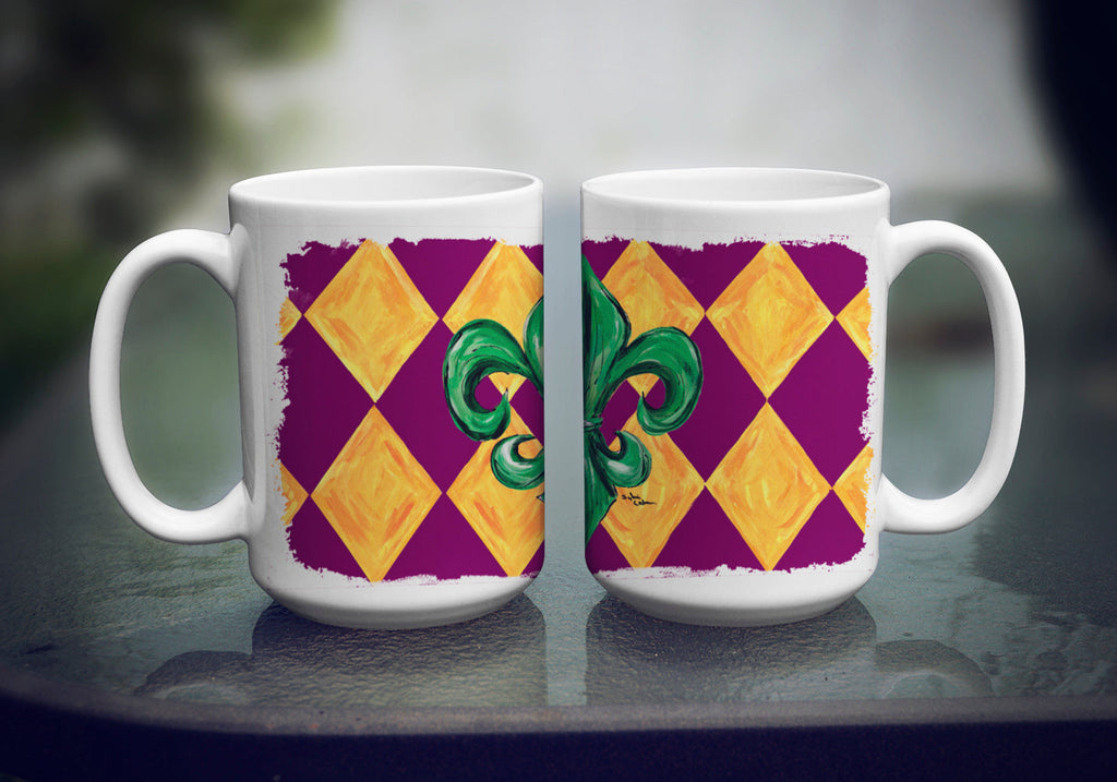 Mardi Gras Fleur de lis Purple Green and Gold Ceramic Coffee Mug 15 oz Decorative Large C Handle Mug Cup for Tea, Cocoa Hot Chocolate