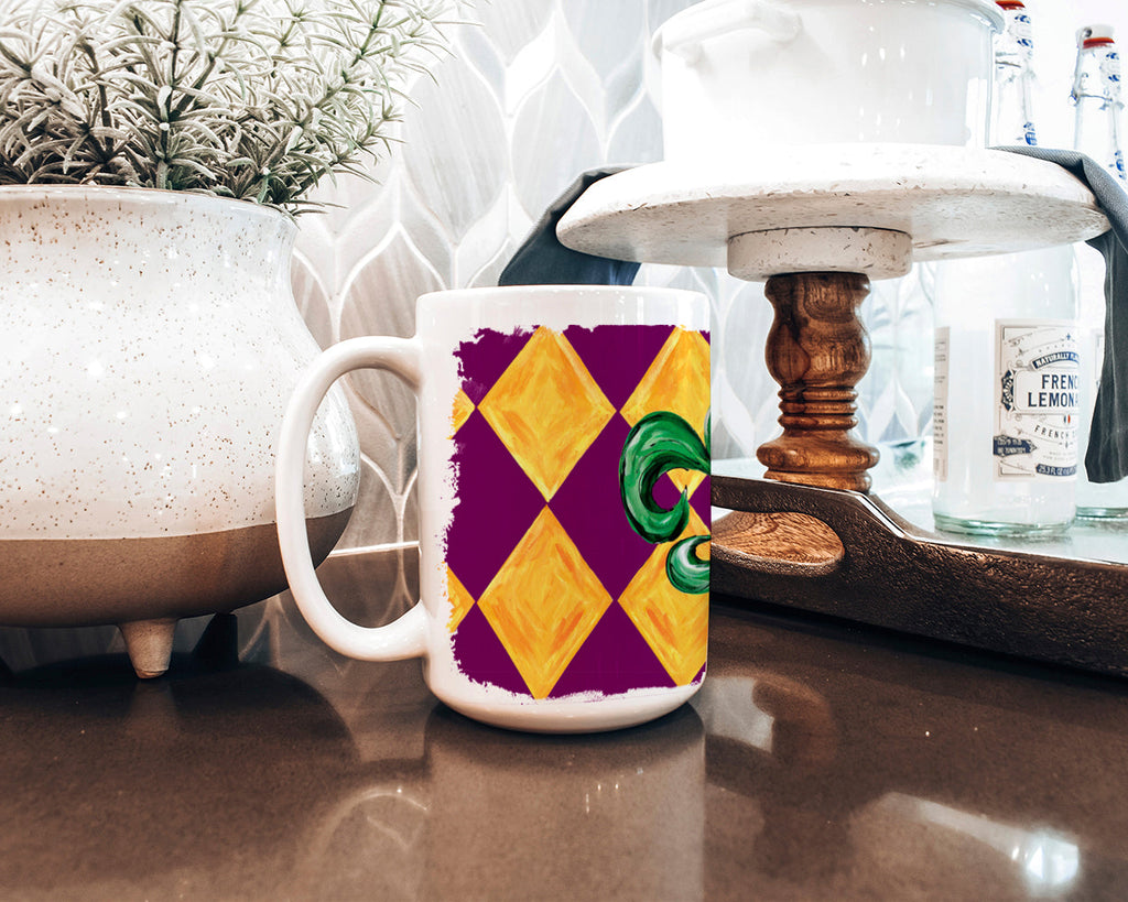 Mardi Gras Fleur de lis Purple Green and Gold Ceramic Coffee Mug 15 oz Decorative Large C Handle Mug Cup for Tea, Cocoa Hot Chocolate