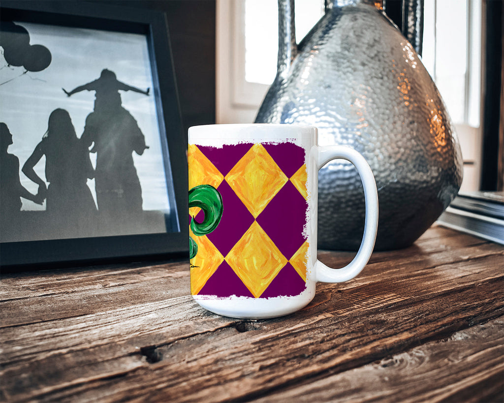 Mardi Gras Fleur de lis Purple Green and Gold Ceramic Coffee Mug 15 oz Decorative Large C Handle Mug Cup for Tea, Cocoa Hot Chocolate