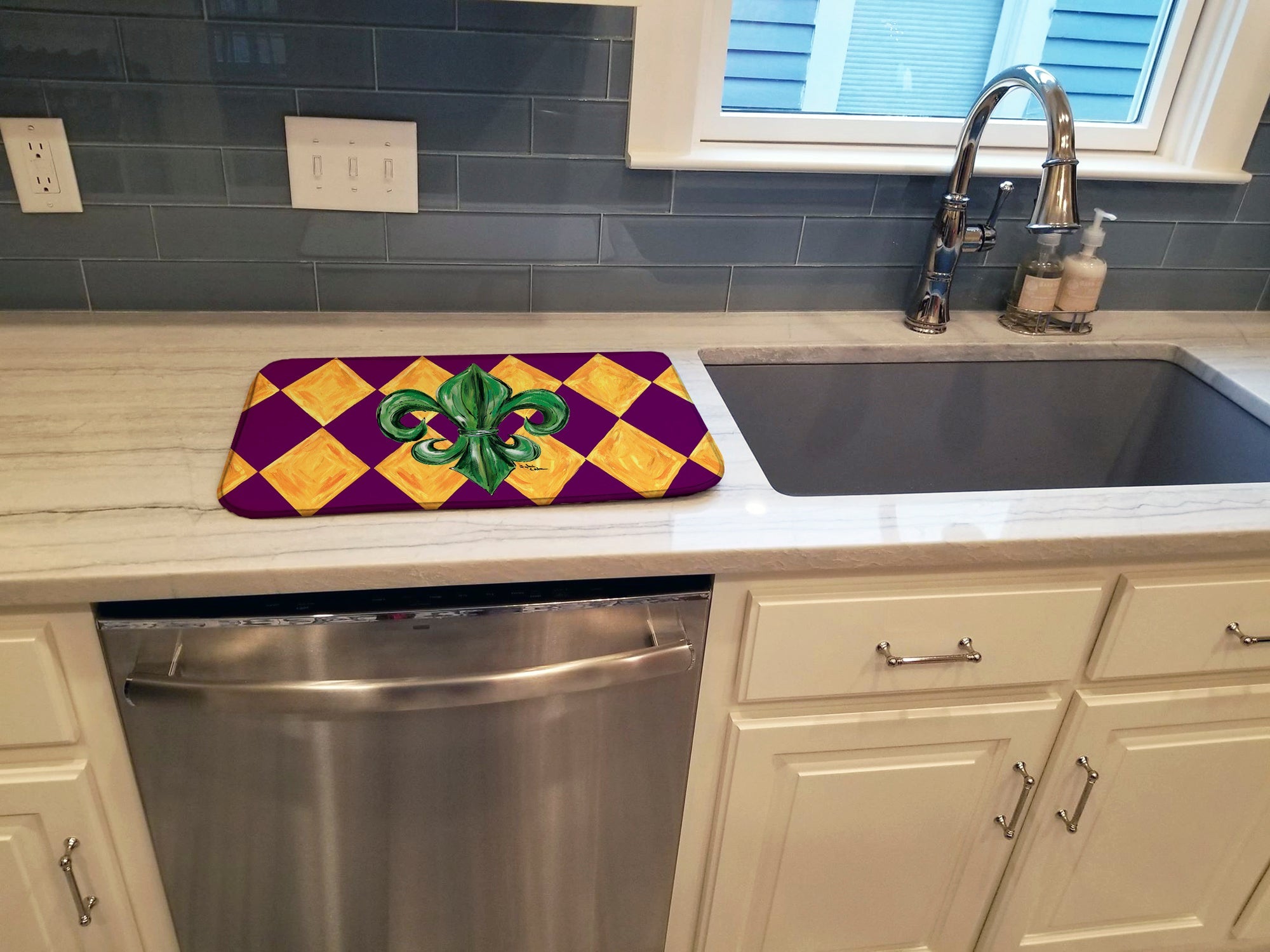 Mardi Gras Fleur de lis Purple Green and Gold Dish Drying Mat Absorbent Dish Drying Mat Pad for Kitchen Counter Dish Drainer Mat for Countertop, 14 x 21", Multicolor