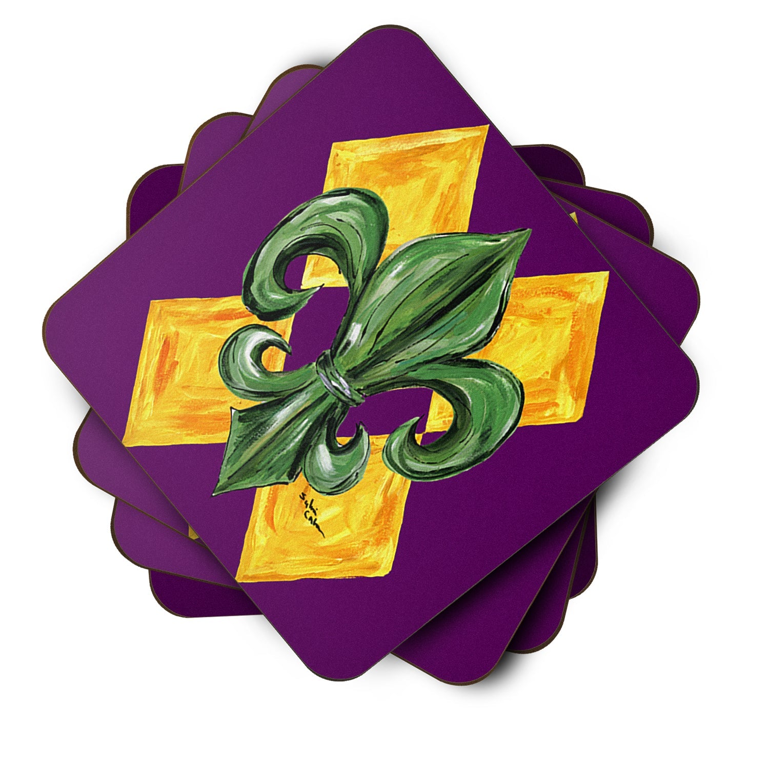 Mardi Gras Fleur de lis Purple Green and Gold Foam Coasters Set of 4 Cup Coasters for Indoor Outdoor, Tabletop Protection, Anti Slip, Mouse pad Material