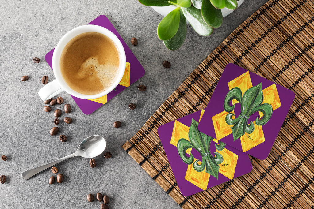 Mardi Gras Fleur de lis Purple Green and Gold Foam Coasters Set of 4 Cup Coasters for Indoor Outdoor, Tabletop Protection, Anti Slip, Mouse pad Material
