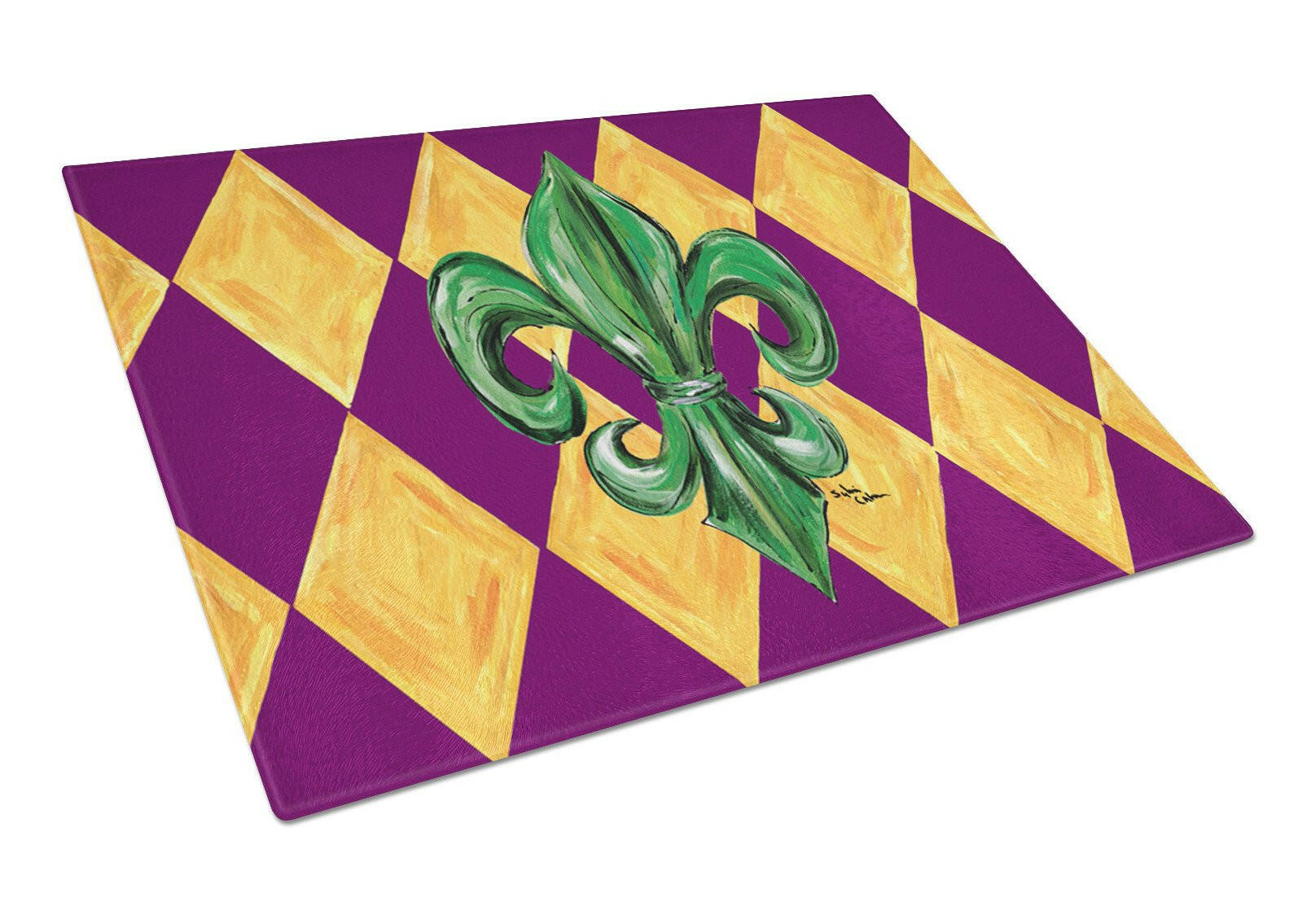 Mardi Gras Fleur de lis Purple Green and Gold Cutting Board Tempered Glass Kitchen Cutting Surface, Heat Resistant Chopping, Non-Slip Feet, Food Prep & Serving