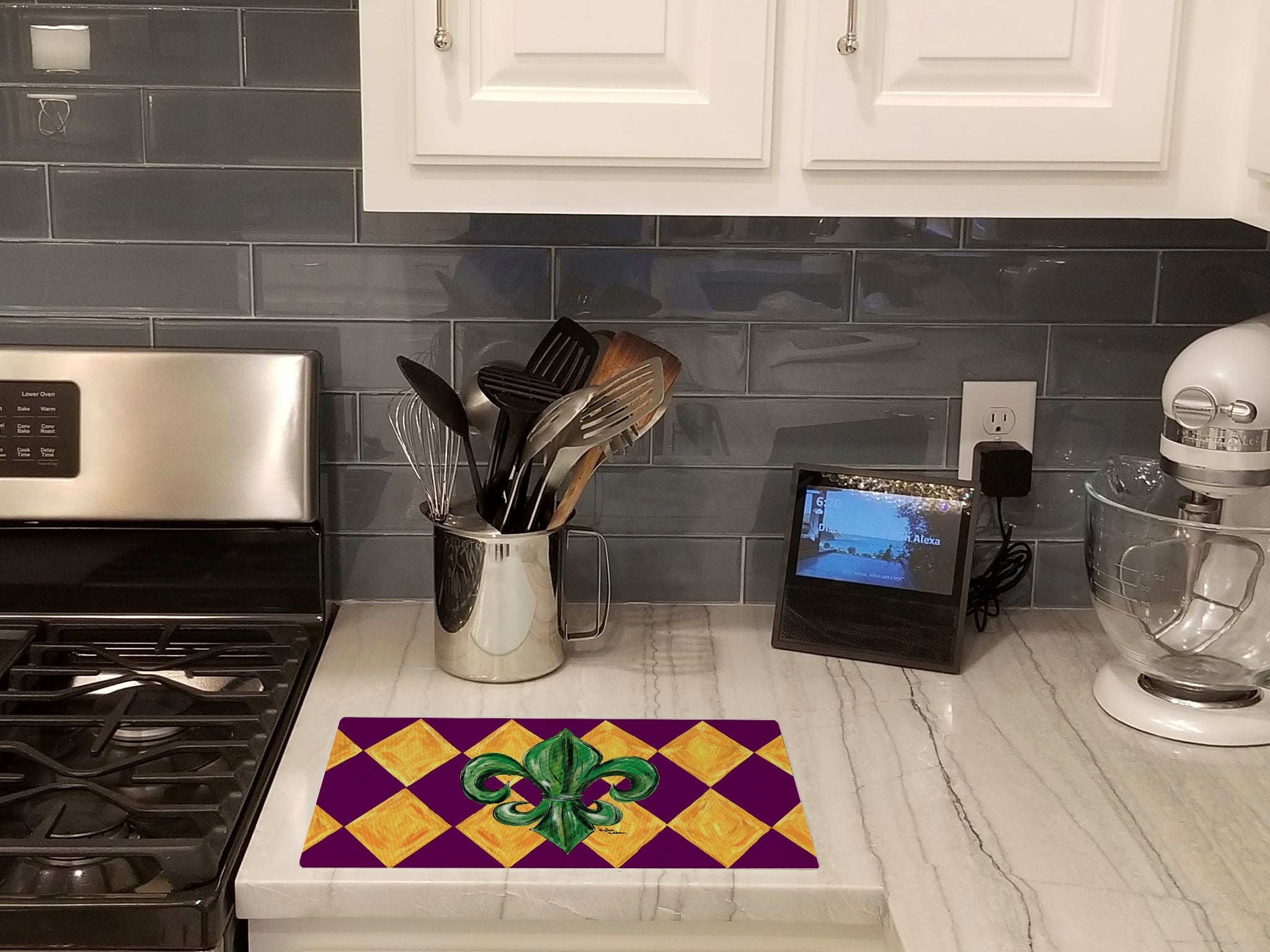Mardi Gras Fleur de lis Purple Green and Gold Cutting Board Tempered Glass Kitchen Cutting Surface, Heat Resistant Chopping, Non-Slip Feet, Food Prep & Serving