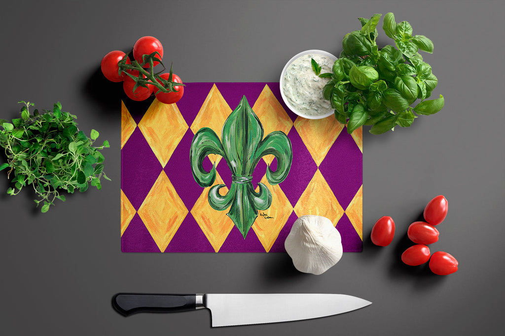 Mardi Gras Fleur de lis Purple Green and Gold Cutting Board Tempered Glass Kitchen Cutting Surface, Heat Resistant Chopping, Non-Slip Feet, Food Prep & Serving