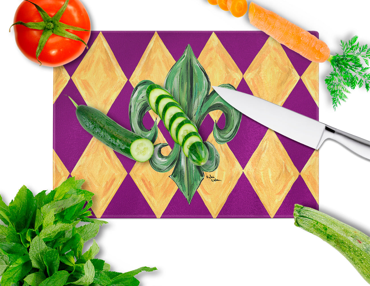 Mardi Gras Fleur de lis Purple Green and Gold Cutting Board Tempered Glass Kitchen Cutting Surface, Heat Resistant Chopping, Non-Slip Feet, Food Prep & Serving
