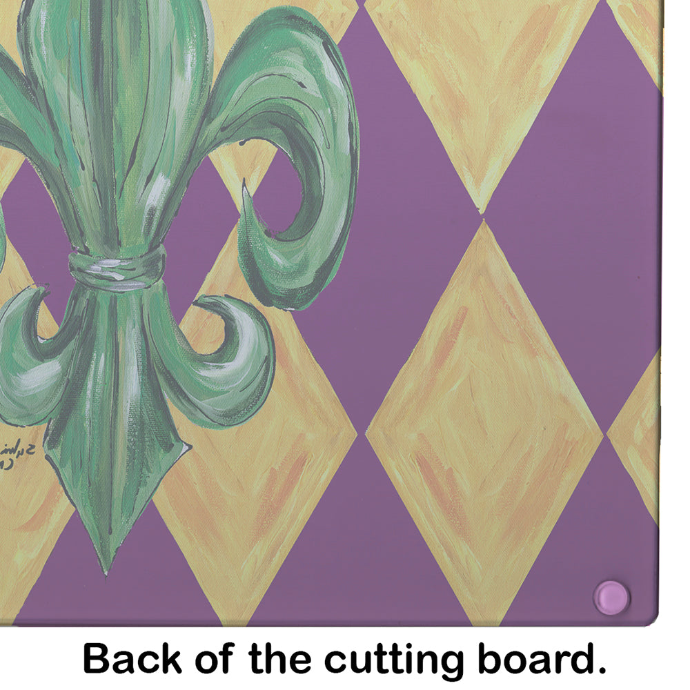 Mardi Gras Fleur de lis Purple Green and Gold Cutting Board Tempered Glass Kitchen Cutting Surface, Heat Resistant Chopping, Non-Slip Feet, Food Prep & Serving