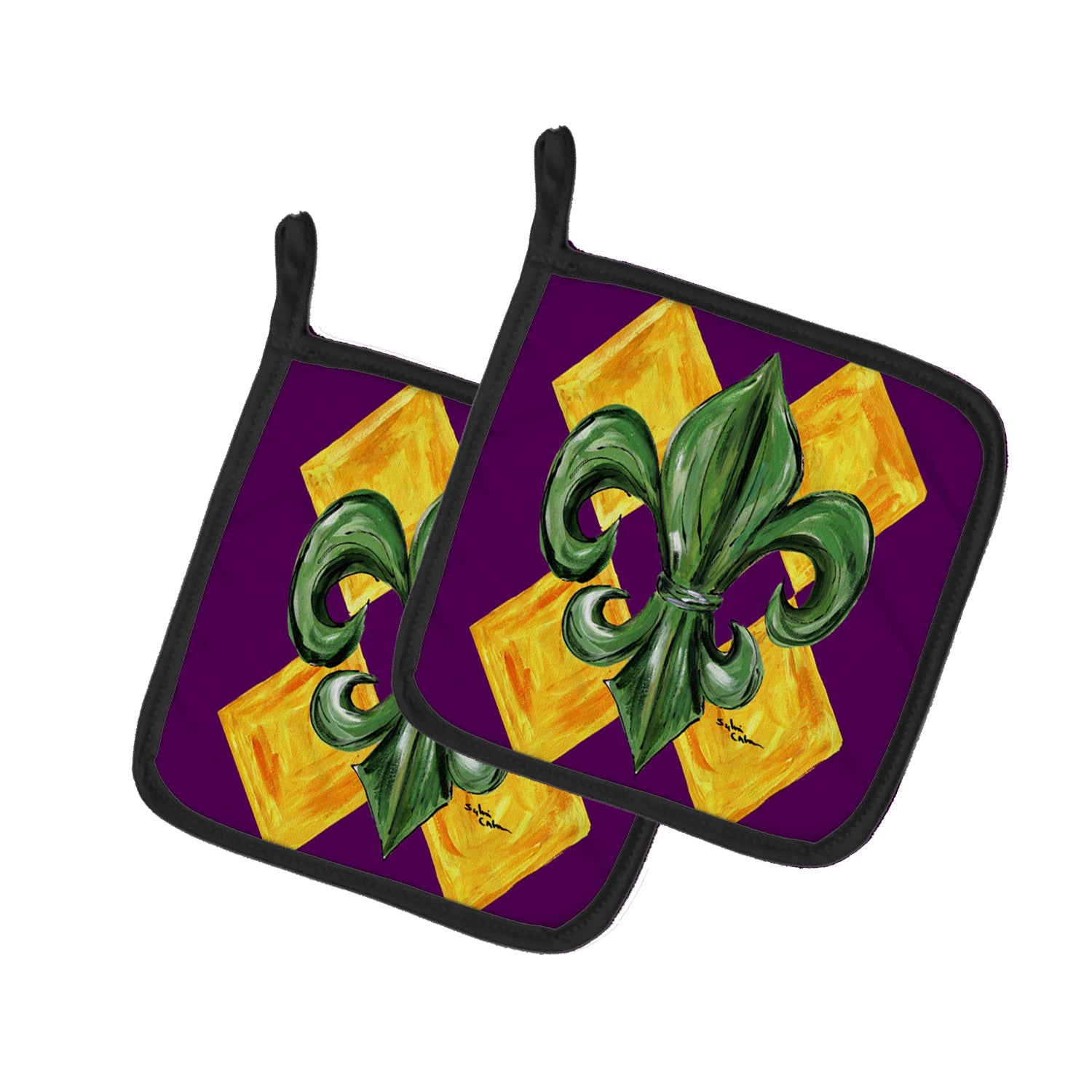 Mardi Gras Fleur de lis Purple Green and Gold Pot Holder Set of 2 Heat Resistant Quilted Hot Pads 7.5 x 7.5 Inch, Insulated Kitchen Trivets for Cooking & Baking