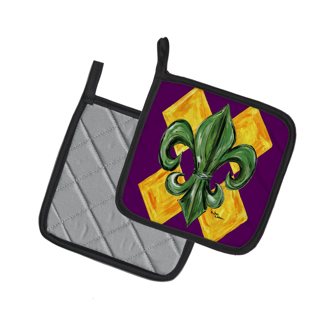 Mardi Gras Fleur de lis Purple Green and Gold Pot Holder Set of 2 Heat Resistant Quilted Hot Pads 7.5 x 7.5 Inch, Insulated Kitchen Trivets for Cooking & Baking