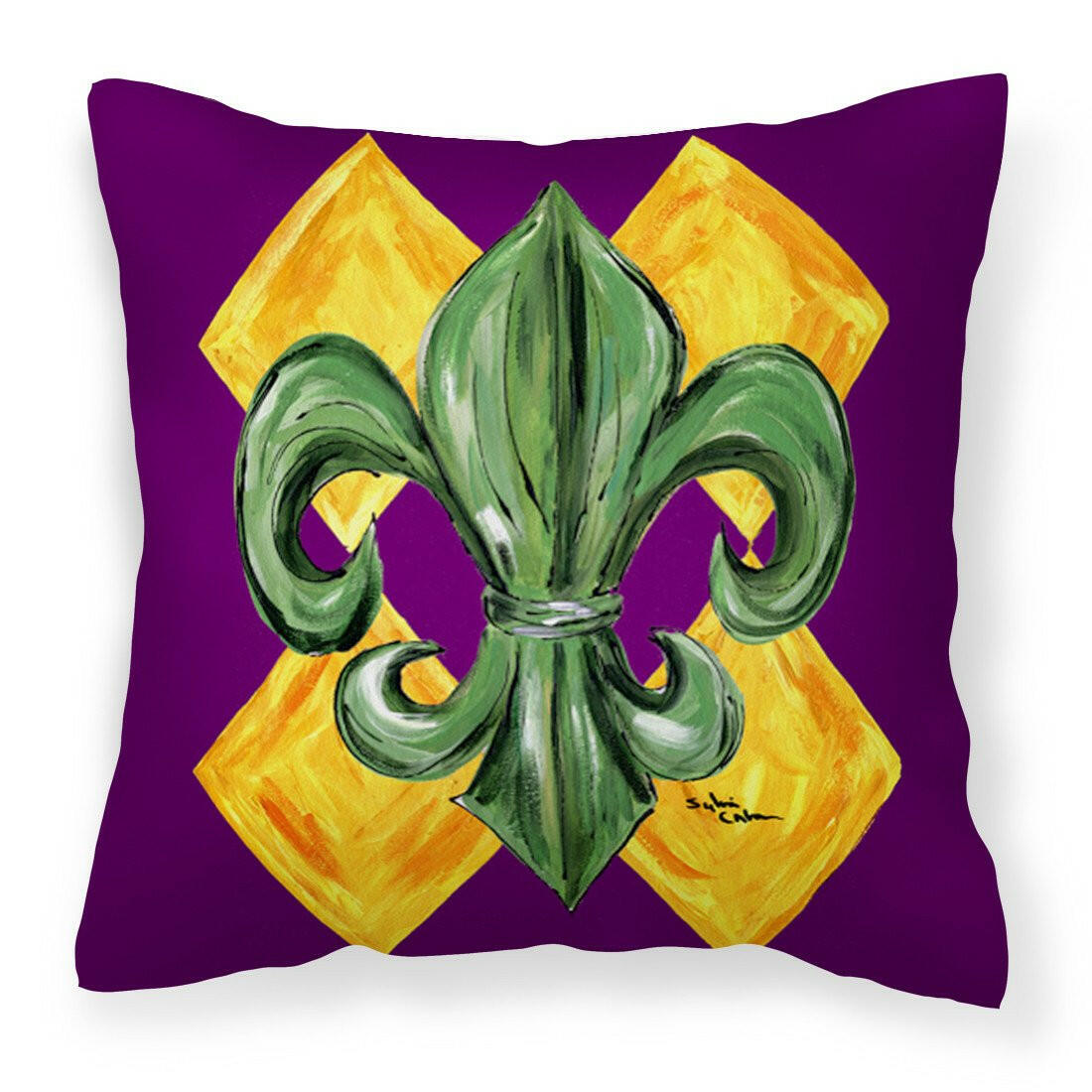 Mardi Gras Fleur de lis Purple Green and Gold Decorative Throw Pillow 14x14 Indoor Outdoor Accent Cushion, Fabric Cover with Insert for Sofa, Bed, Porch & Living Room