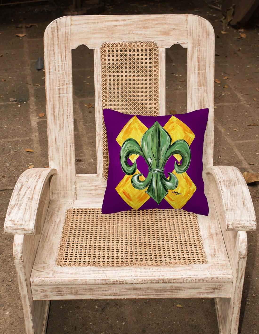 Mardi Gras Fleur de lis Purple Green and Gold Decorative Throw Pillow 14x14 Indoor Outdoor Accent Cushion, Fabric Cover with Insert for Sofa, Bed, Porch & Living Room