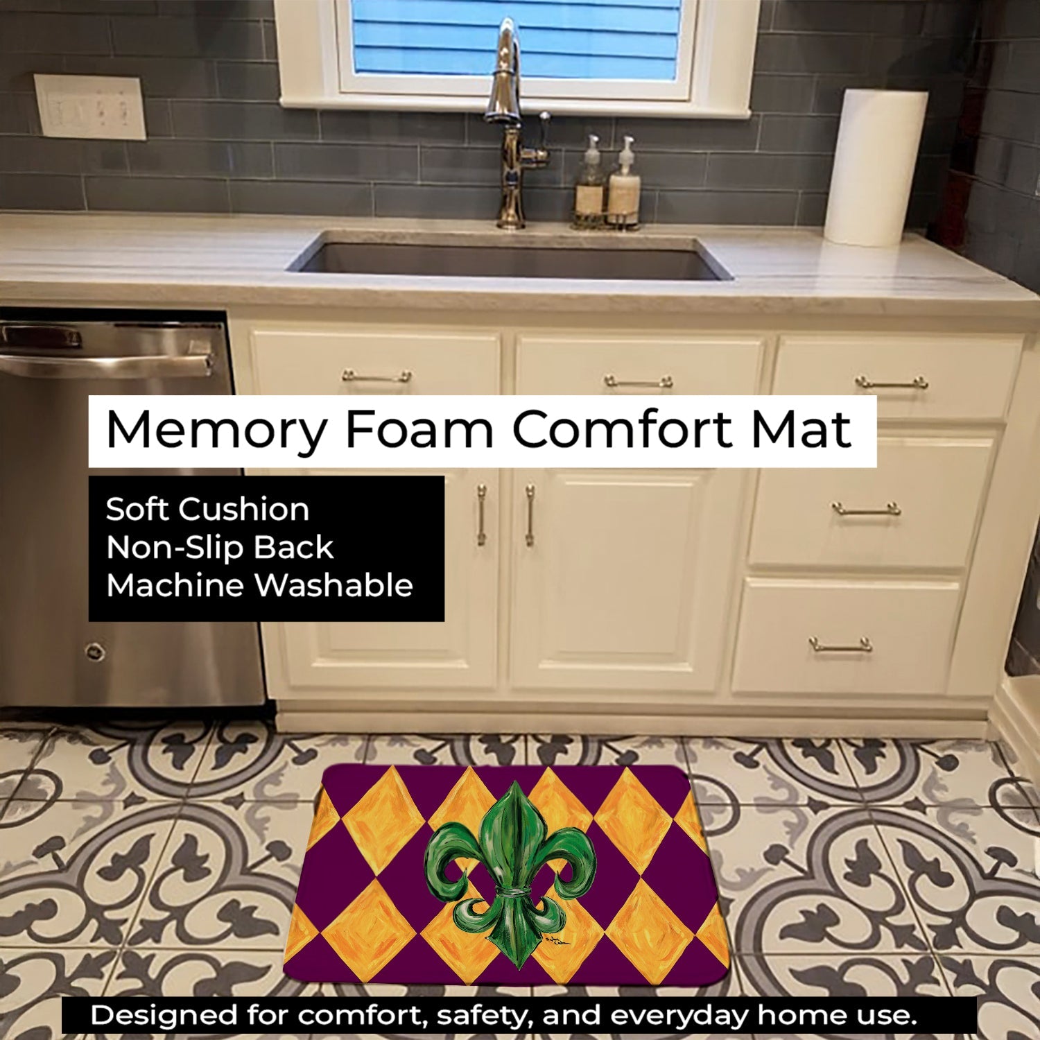 Mardi Gras Fleur de lis Purple Green and Gold Memory Foam Kitchen Mat Machine Washable Anti-Fatigue Cushion Comfort Bath or Kitchen Rug