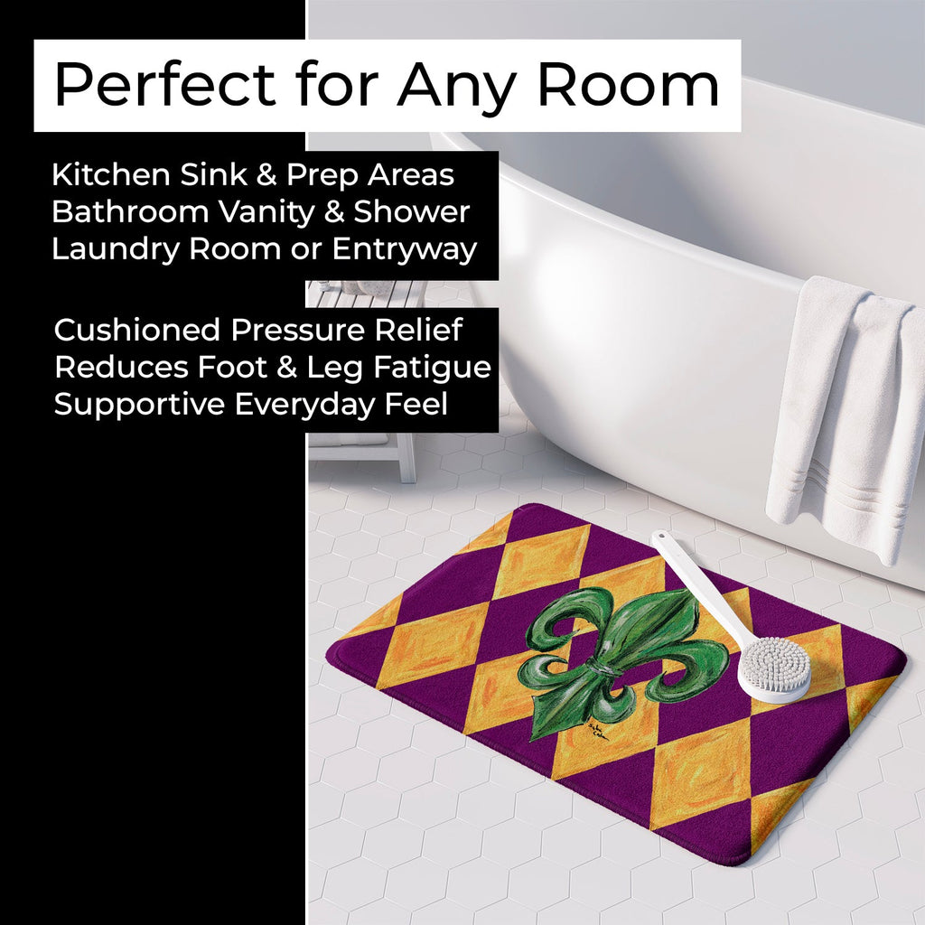 Mardi Gras Fleur de lis Purple Green and Gold Memory Foam Kitchen Mat Machine Washable Anti-Fatigue Cushion Comfort Bath or Kitchen Rug