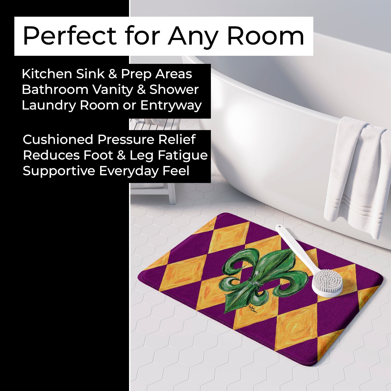 Mardi Gras Fleur de lis Purple Green and Gold Memory Foam Kitchen Mat Machine Washable Anti-Fatigue Cushion Comfort Bath or Kitchen Rug