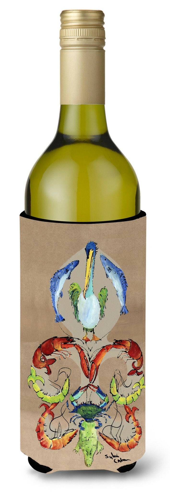 Crab Shrimp Pelican Crab and Gator Fleur de lis Wine Bottle Hugger Gift Sleeve for Standard 750 ml Bottles, Insulated Reusable Also Fits Mini Shot & Pint Bottles