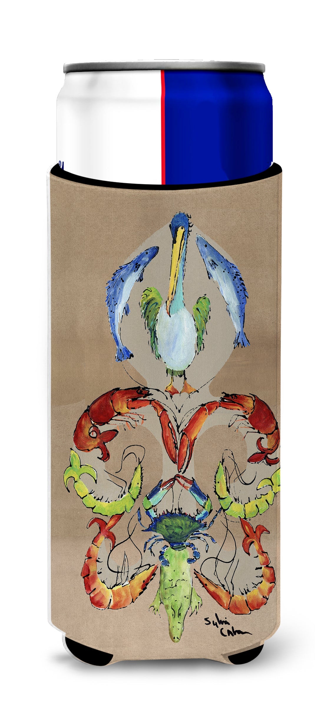 Crab Shrimp Pelican Crab and Gator Fleur de lis Slim Can Hugger , Insulated Foam Hugger for 12 oz Slim Cans, Beer Bottles & Water Bottles, Printed in USA
