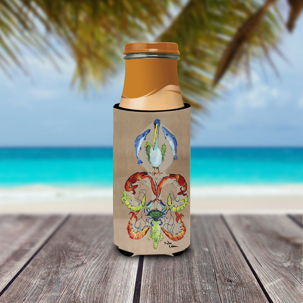 Crab Shrimp Pelican Crab and Gator Fleur de lis Slim Can Hugger , Insulated Foam Hugger for 12 oz Slim Cans, Beer Bottles & Water Bottles, Printed in USA
