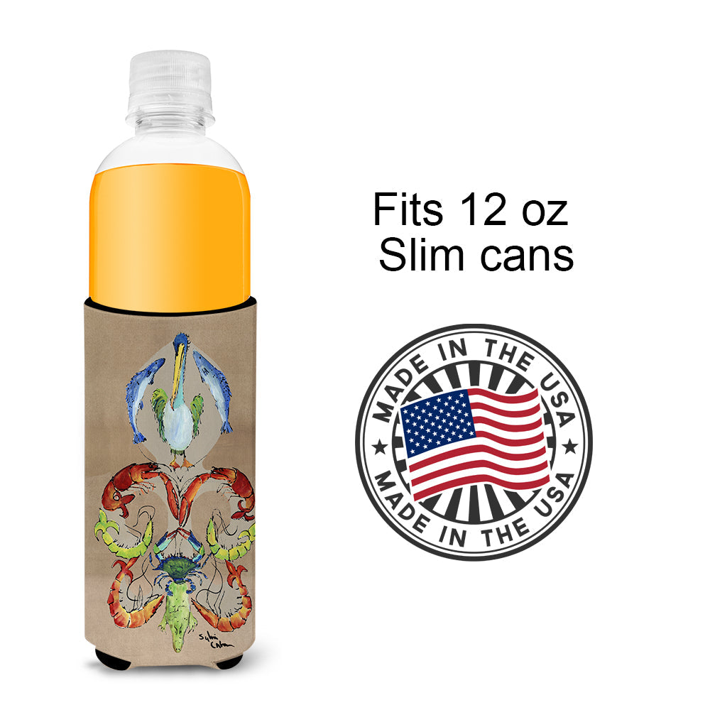 Crab Shrimp Pelican Crab and Gator Fleur de lis Slim Can Hugger , Insulated Foam Hugger for 12 oz Slim Cans, Beer Bottles & Water Bottles, Printed in USA