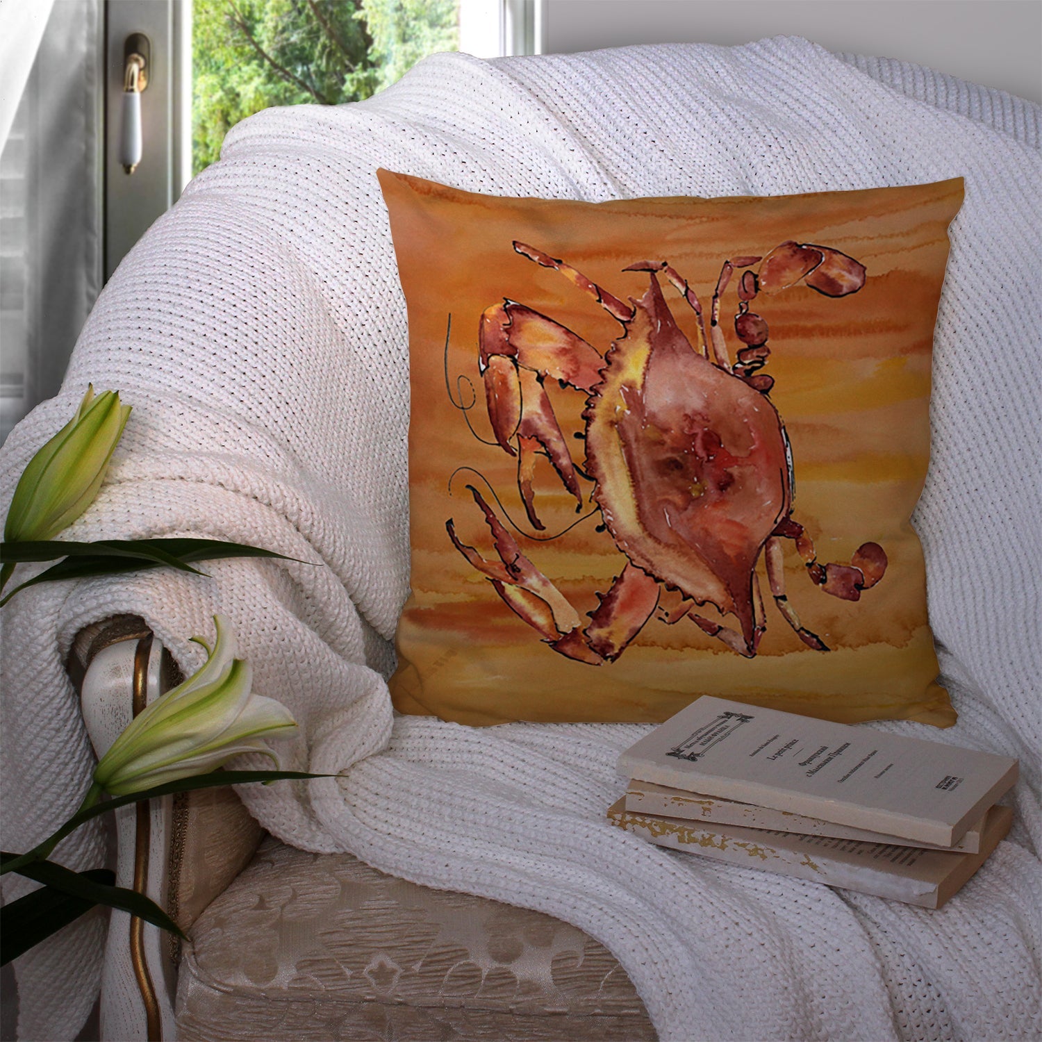 Cooked Crab Spicy Hot Decorative Throw Pillow 14x14 Indoor Outdoor Accent Cushion, Fabric Cover with Insert for Sofa, Bed, Porch & Living Room