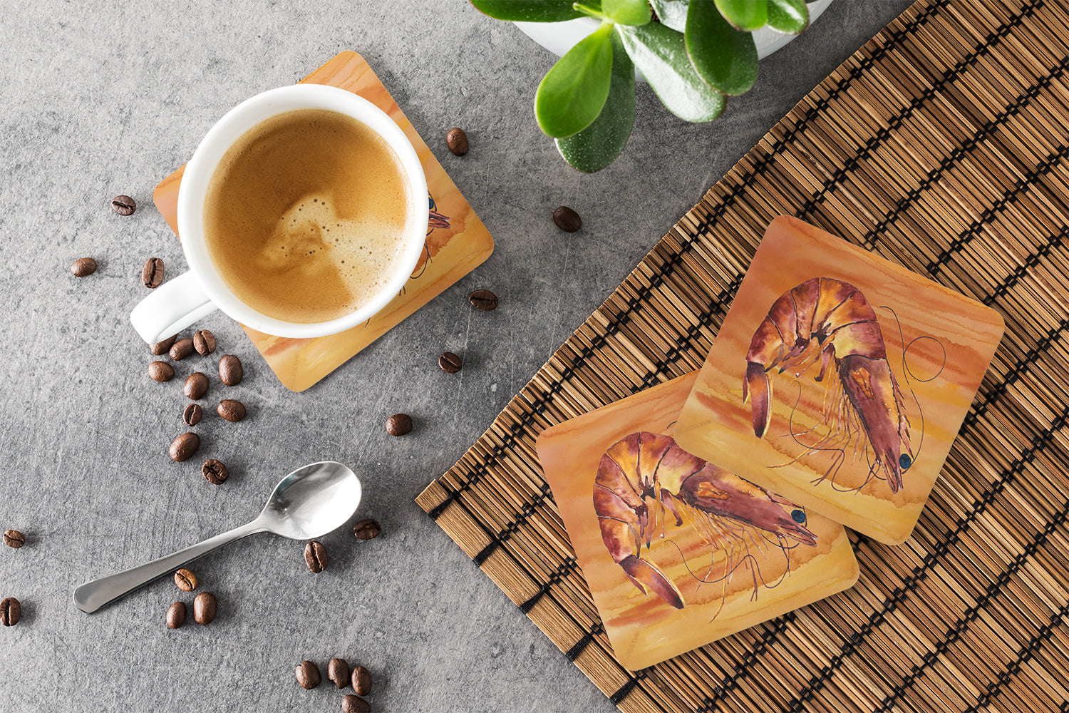 Cooked Shrimp Spicy Hot Foam Coasters Set of 4 Cup Coasters for Indoor Outdoor, Tabletop Protection, Anti Slip, Mouse pad Material