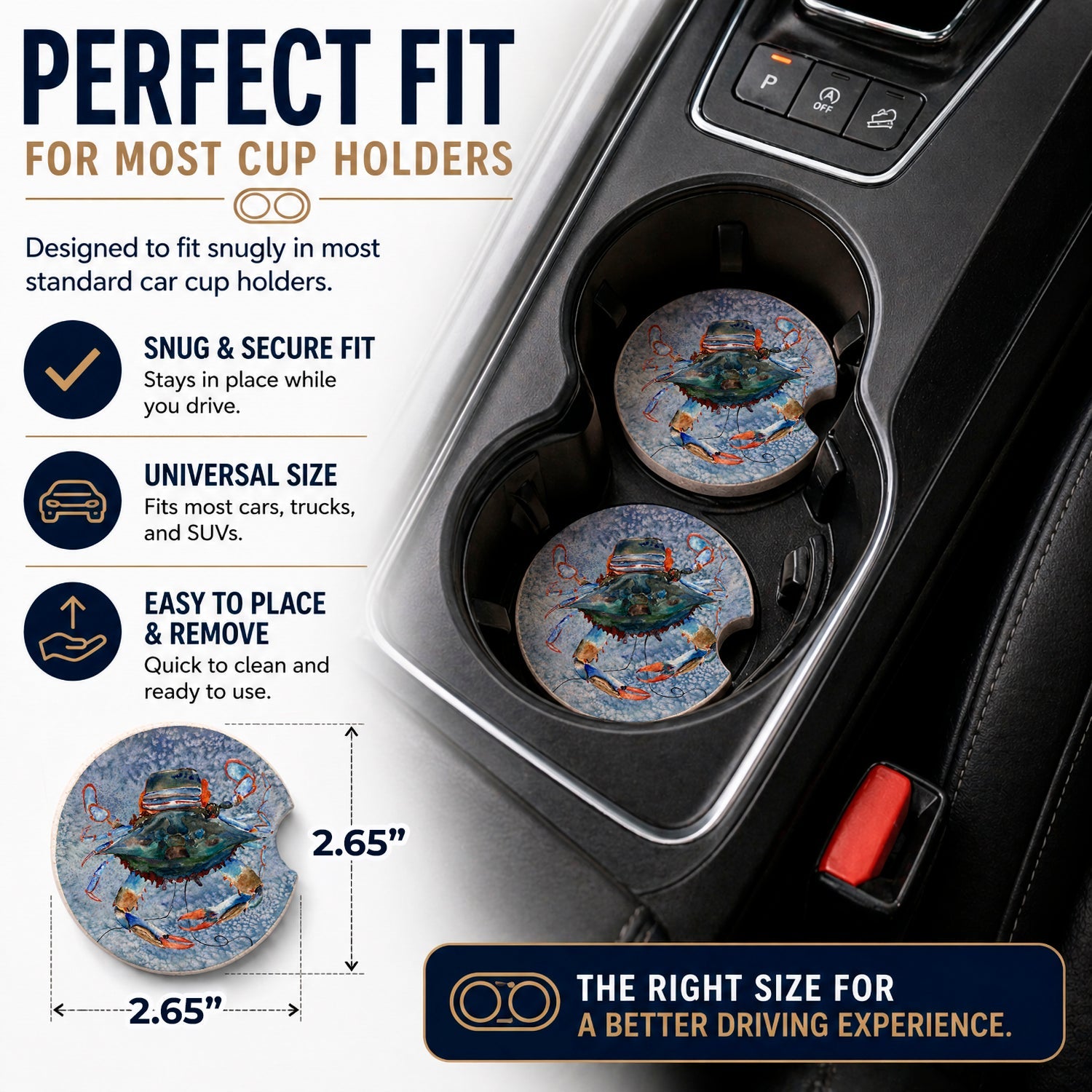 Female Blue Crab Cool Blue Water Set of 2 Cup Holder Car Coasters Absorbent Round Sandstone Coasters Gifts for Men or Women, 2.5, Multicolor