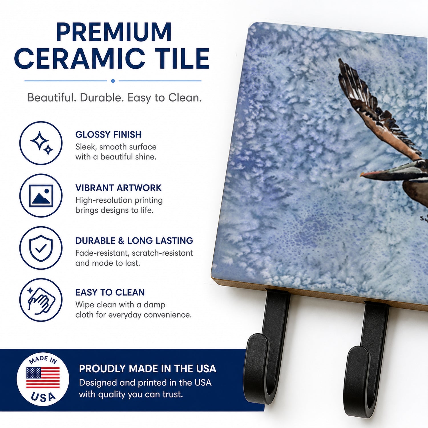 Pelican Cool Blue Water Leash or Key Holder Wall Hooks, Coat Rack Wall Mount, for Hanging Keys, Towels, Aprons, Leashes