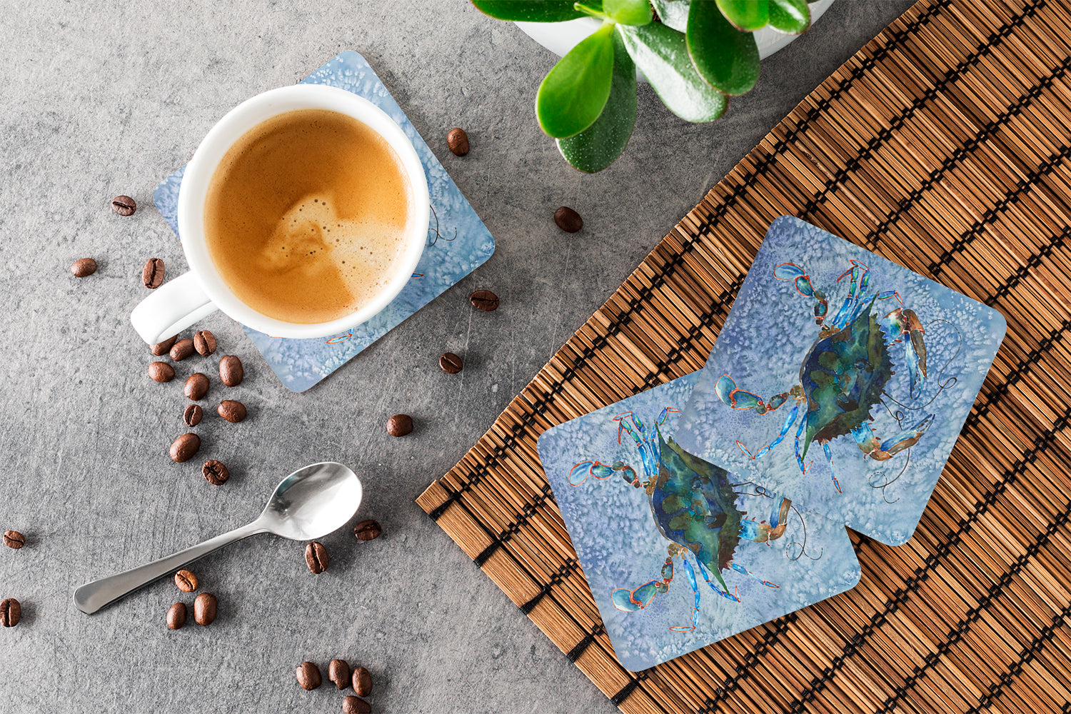Male Blue Crab Cool Blue Water Foam Coasters Set of 4 Cup Coasters for Indoor Outdoor, Tabletop Protection, Anti Slip, Mouse pad Material