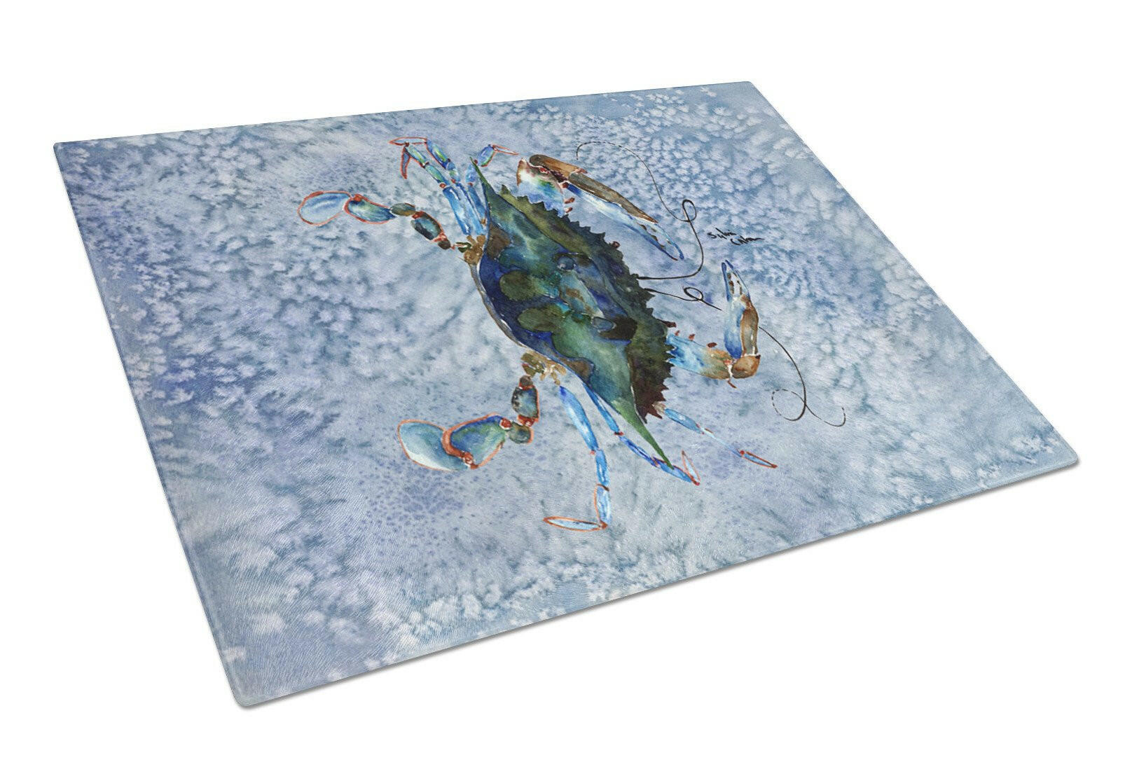 Male Blue Crab Cool Blue Water Cutting Board Tempered Glass Kitchen Cutting Surface, Heat Resistant Chopping, Non-Slip Feet, Food Prep & Serving