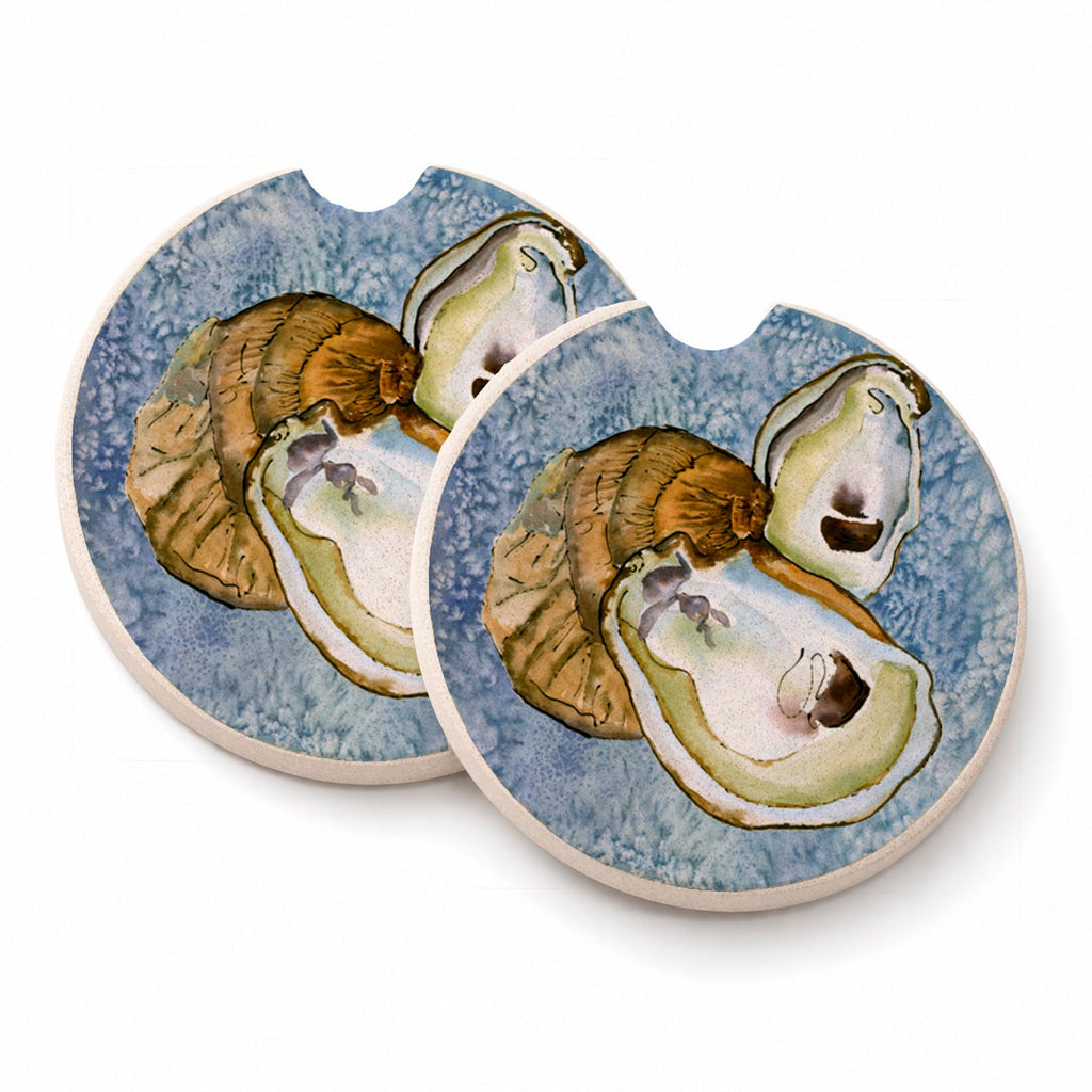 Oyster Cool Blue Water Set of 2 Cup Holder Car Coasters Absorbent Round Sandstone Coasters Gifts for Men or Women, 2.5, Multicolor