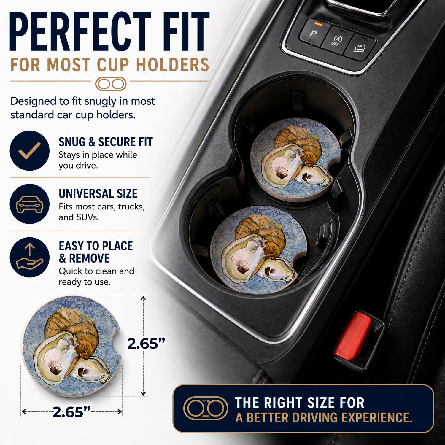 Oyster Cool Blue Water Set of 2 Cup Holder Car Coasters Absorbent Round Sandstone Coasters Gifts for Men or Women, 2.5, Multicolor