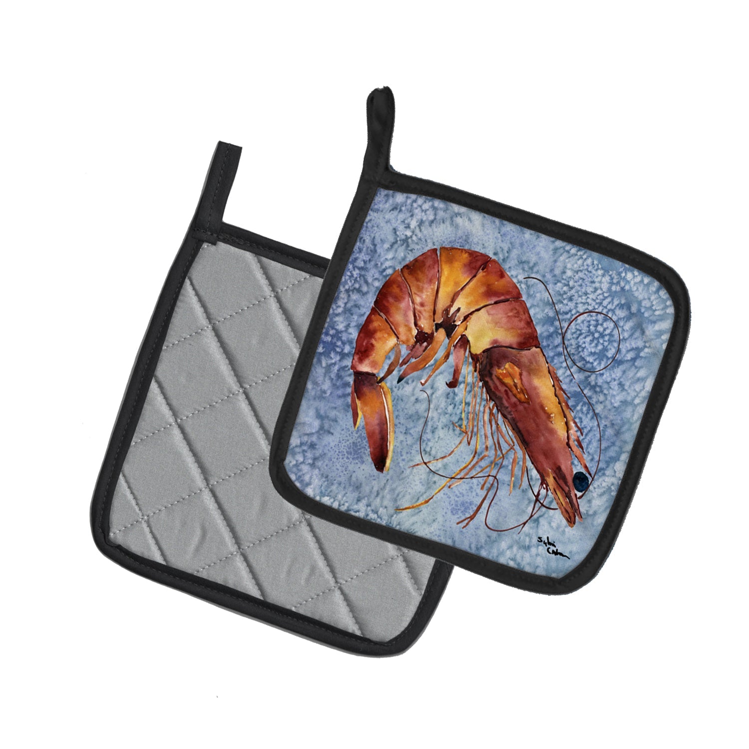 Cooked Shrimp Cool Blue Water Pot Holder Set of 2 Heat Resistant Quilted Hot Pads 7.5 x 7.5 Inch, Insulated Kitchen Trivets for Cooking & Baking
