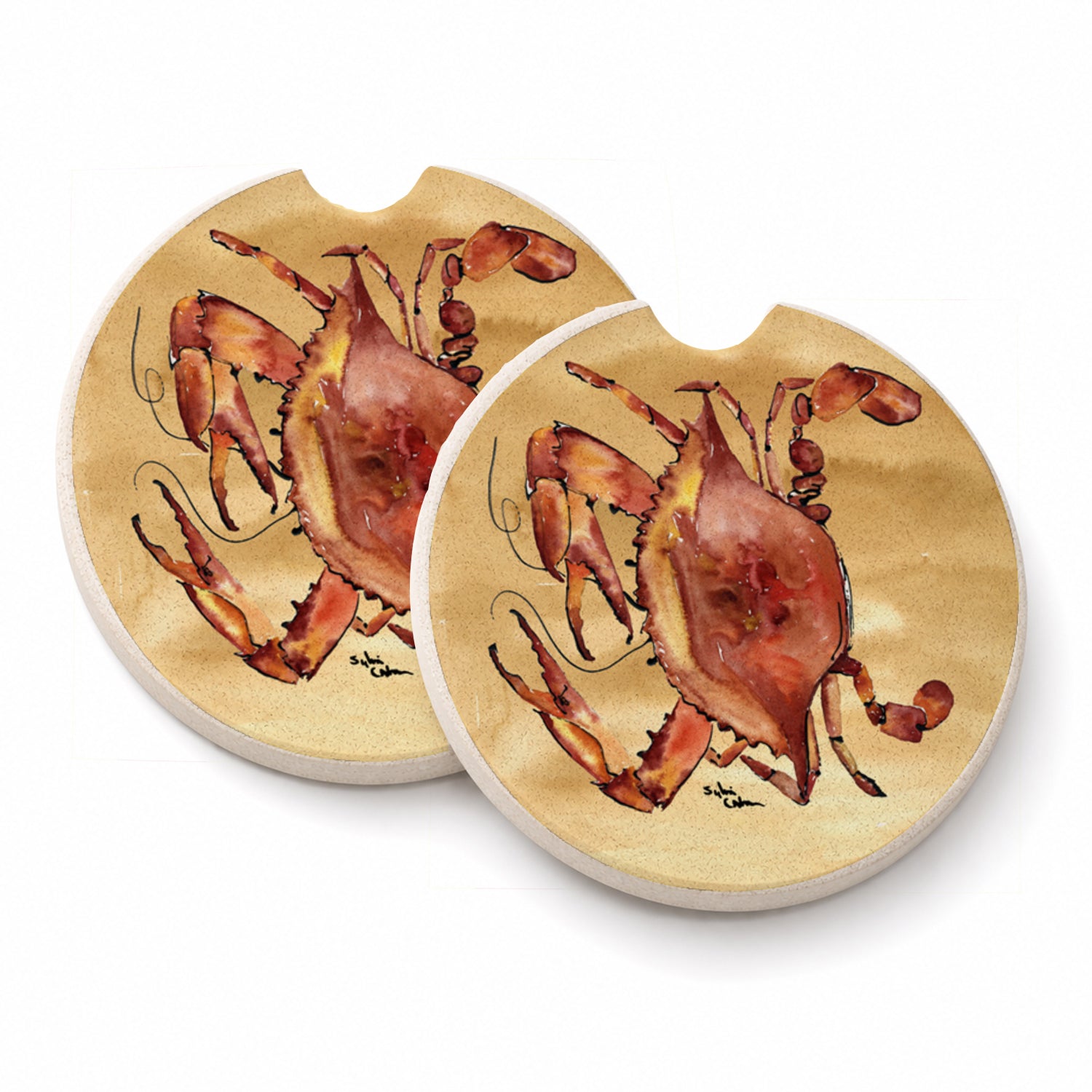 Cooked Crab Sandy Beach Set of 2 Cup Holder Car Coasters Absorbent Round Sandstone Coasters Gifts for Men or Women, 2.5, Multicolor