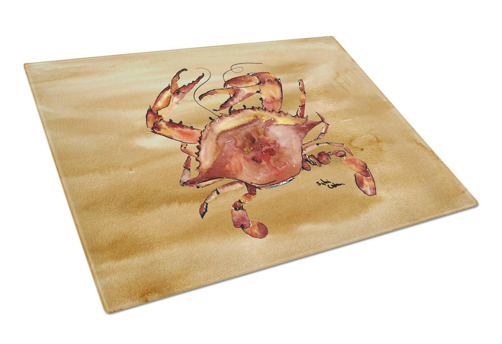 Cooked Crab Sandy Beach Cutting Board Tempered Glass Kitchen Cutting Surface, Heat Resistant Chopping, Non-Slip Feet, Food Prep & Serving