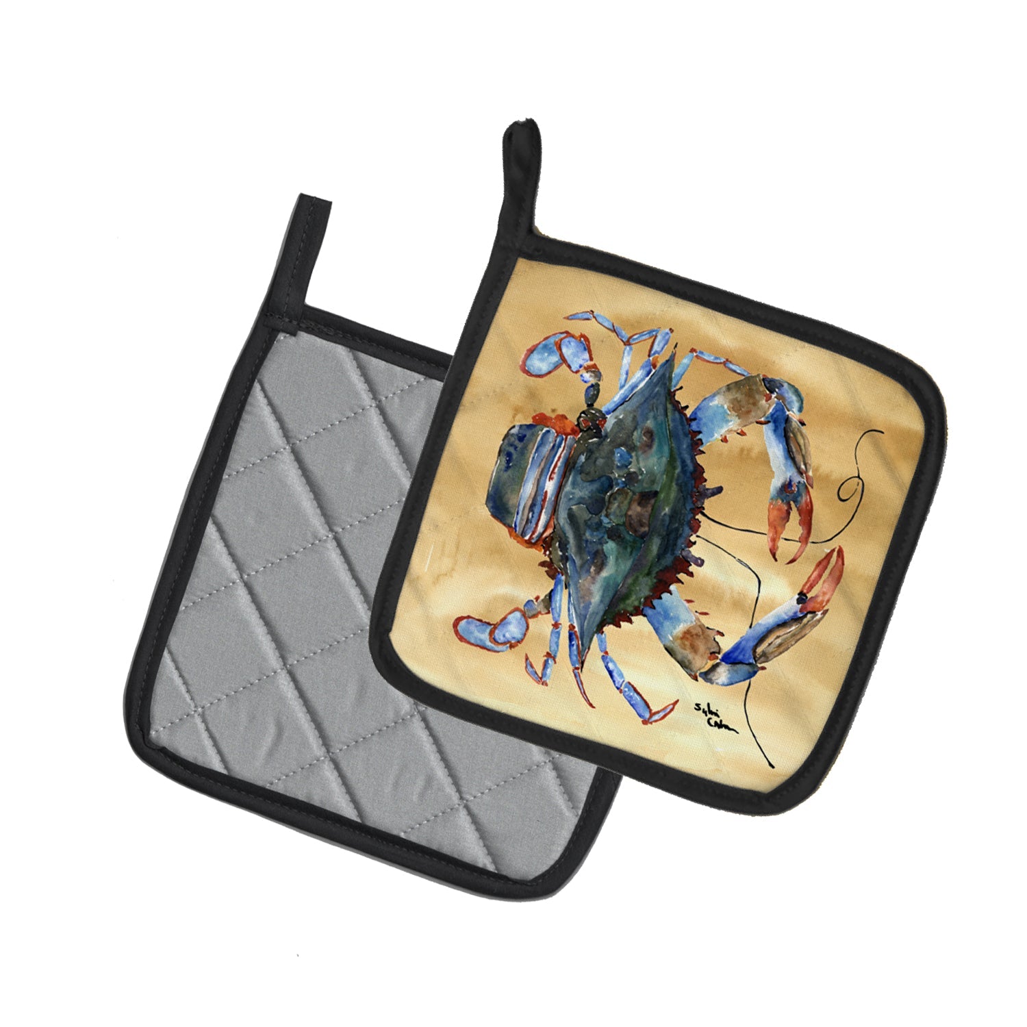 Female Blue Crab Sandy Beach Pot Holder Set of 2 Heat Resistant Quilted Hot Pads 7.5 x 7.5 Inch, Insulated Kitchen Trivets for Cooking & Baking