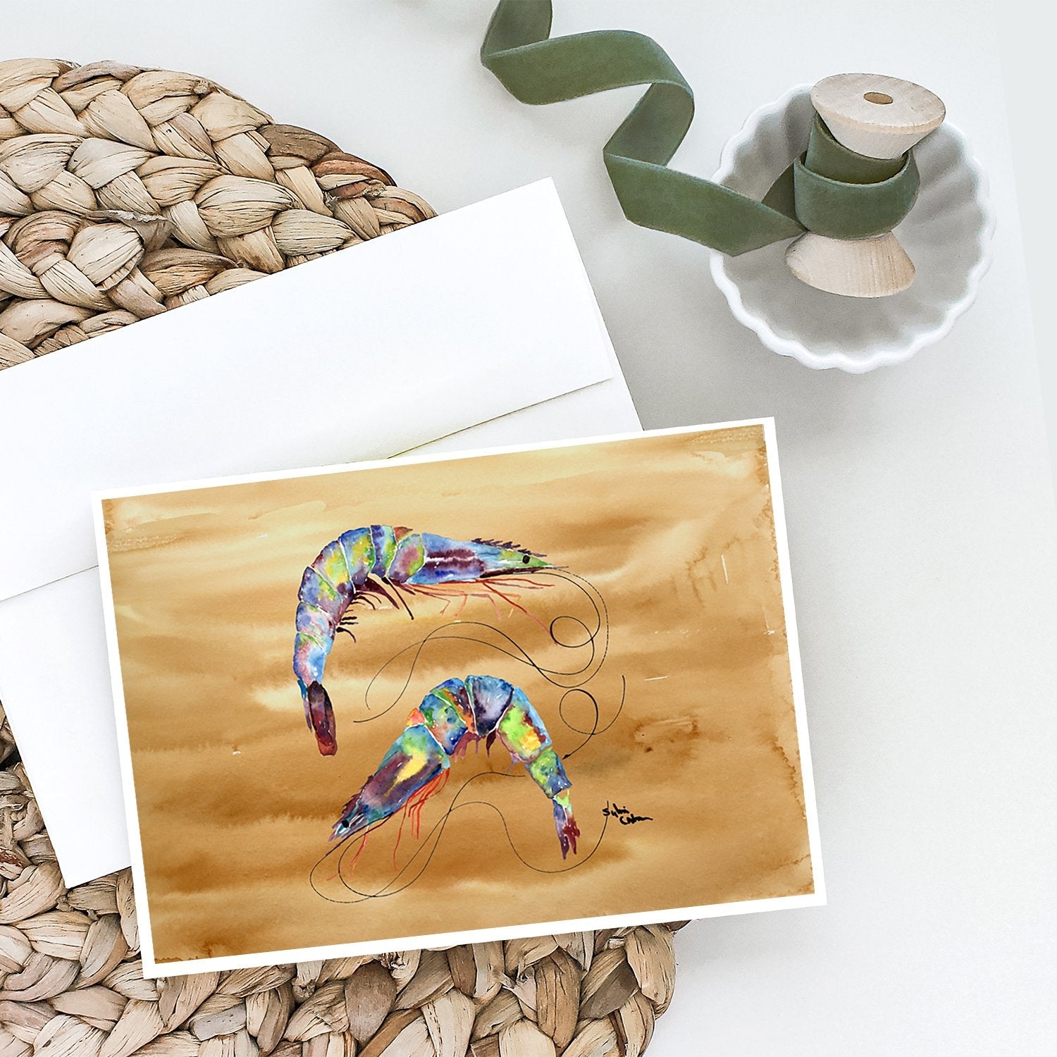 Shrimp  Sandy Beach Greeting Cards Pack of 8 Blank Cards with Envelopes Whimsical A7 Size 5x7