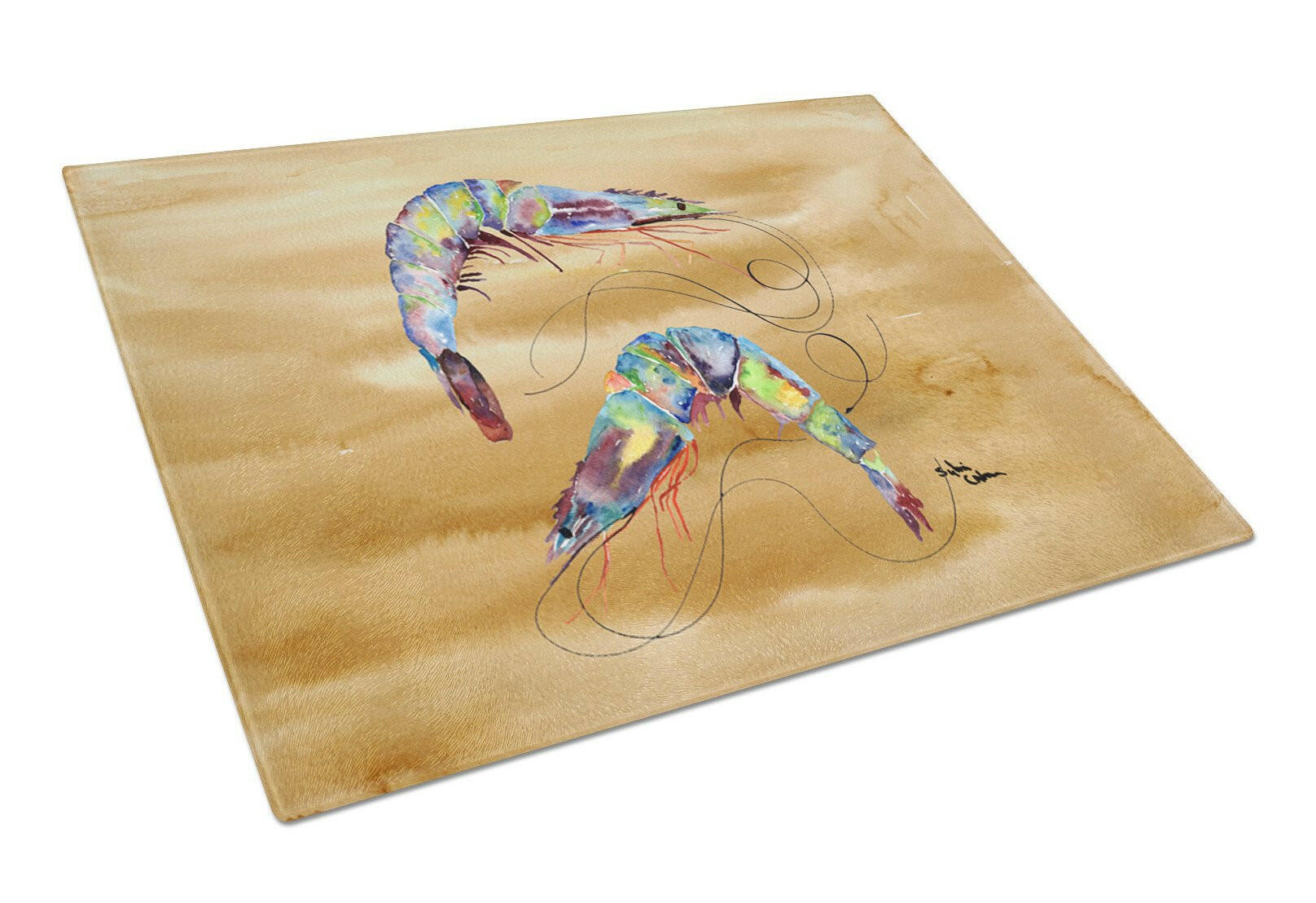Shrimp  Sandy Beach Cutting Board Tempered Glass Kitchen Cutting Surface, Heat Resistant Chopping, Non-Slip Feet, Food Prep & Serving