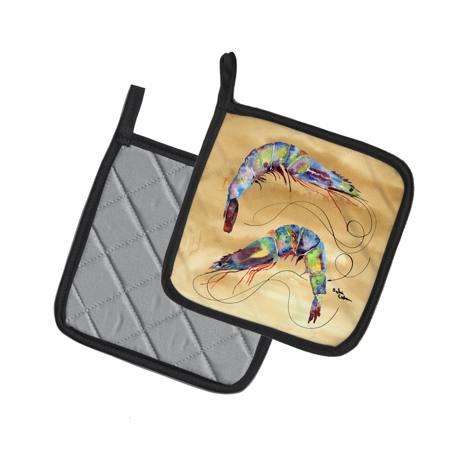 Shrimp  Sandy Beach Pot Holder Set of 2 Heat Resistant Quilted Hot Pads 7.5 x 7.5 Inch, Insulated Kitchen Trivets for Cooking & Baking