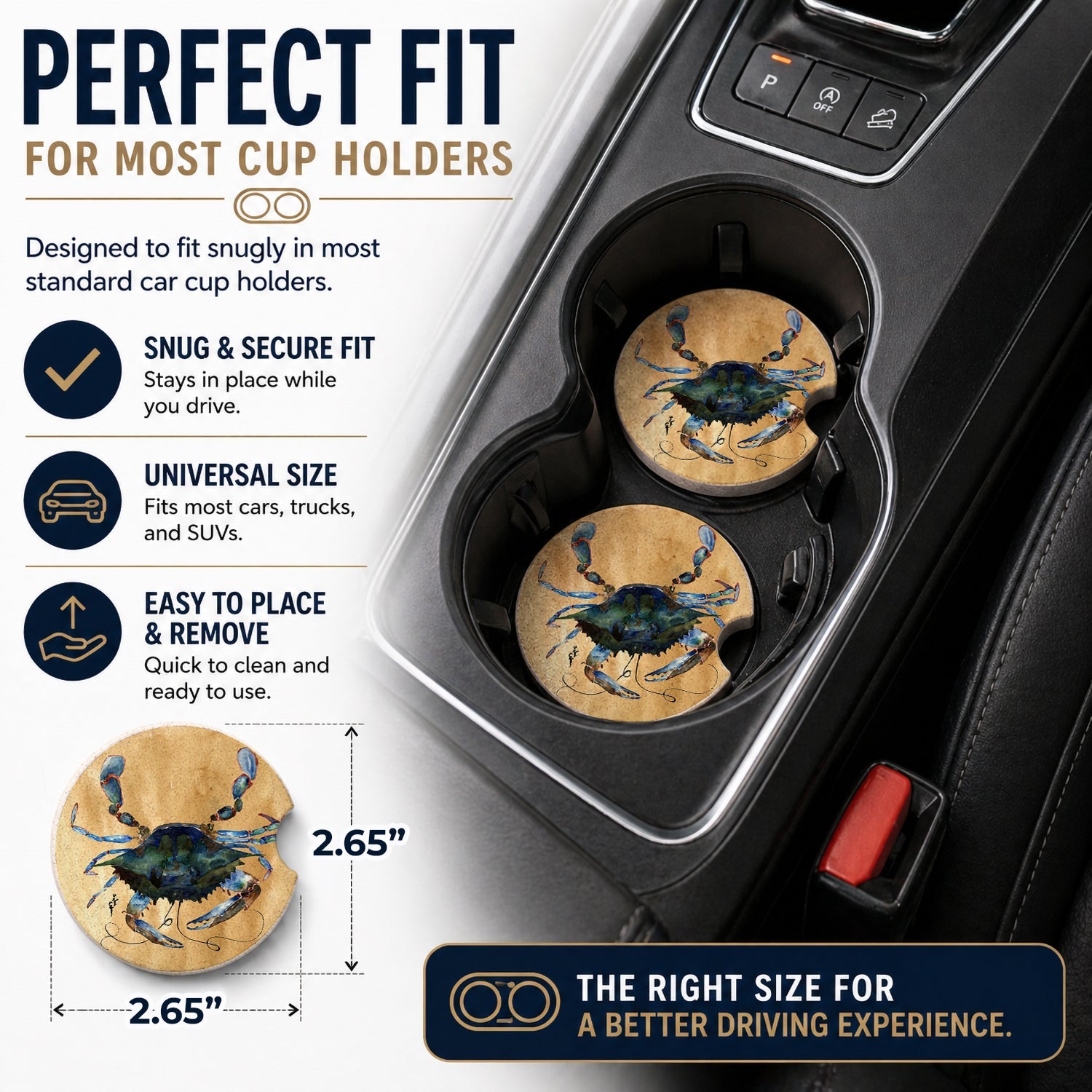 Blue Male Crab  Sandy Beach Set of 2 Cup Holder Car Coasters Absorbent Round Sandstone Coasters Gifts for Men or Women, 2.5, Multicolor