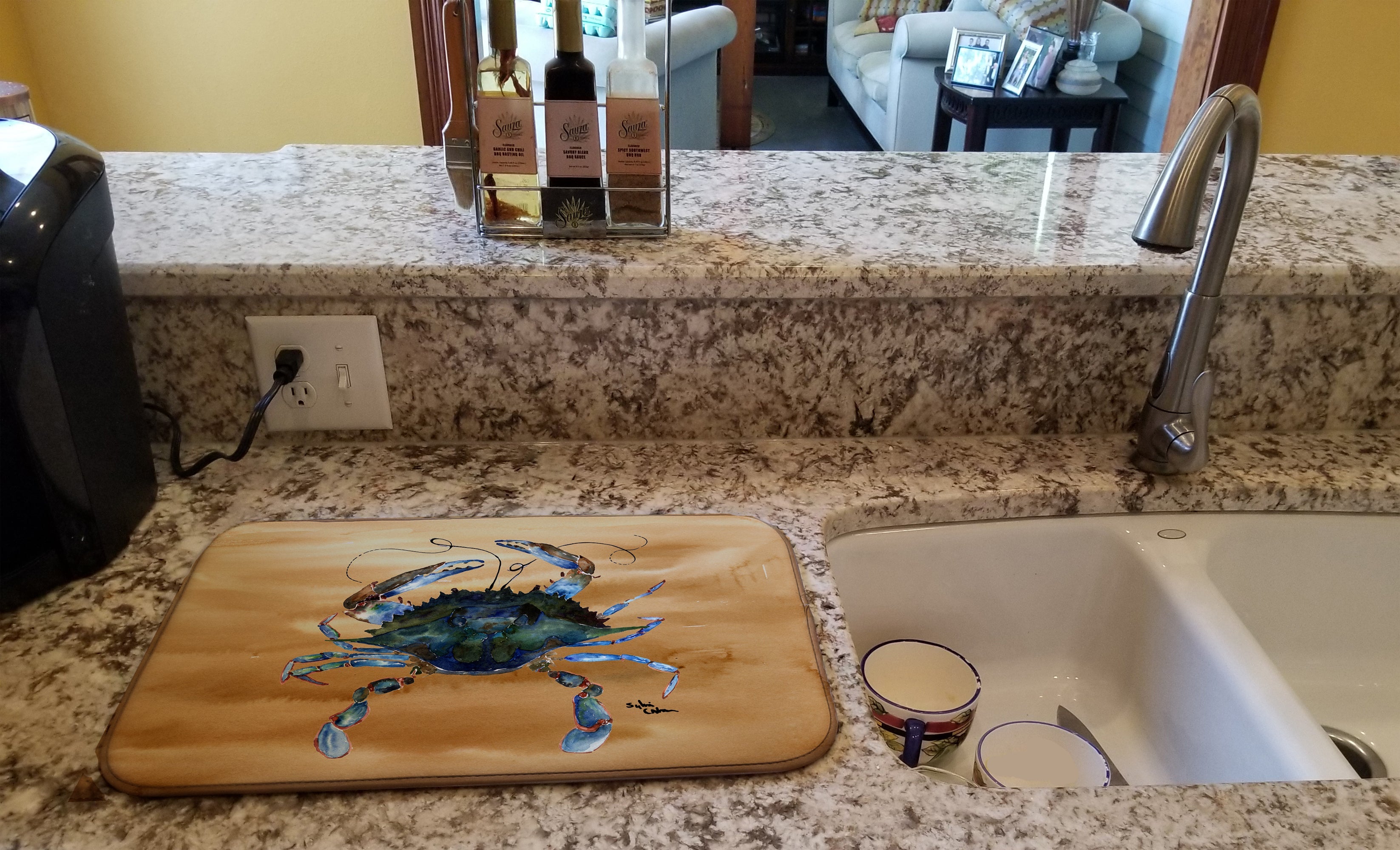 Blue Male Crab  Sandy Beach Dish Drying Mat Absorbent Dish Drying Mat Pad for Kitchen Counter Dish Drainer Mat for Countertop, 14 x 21", Multicolor