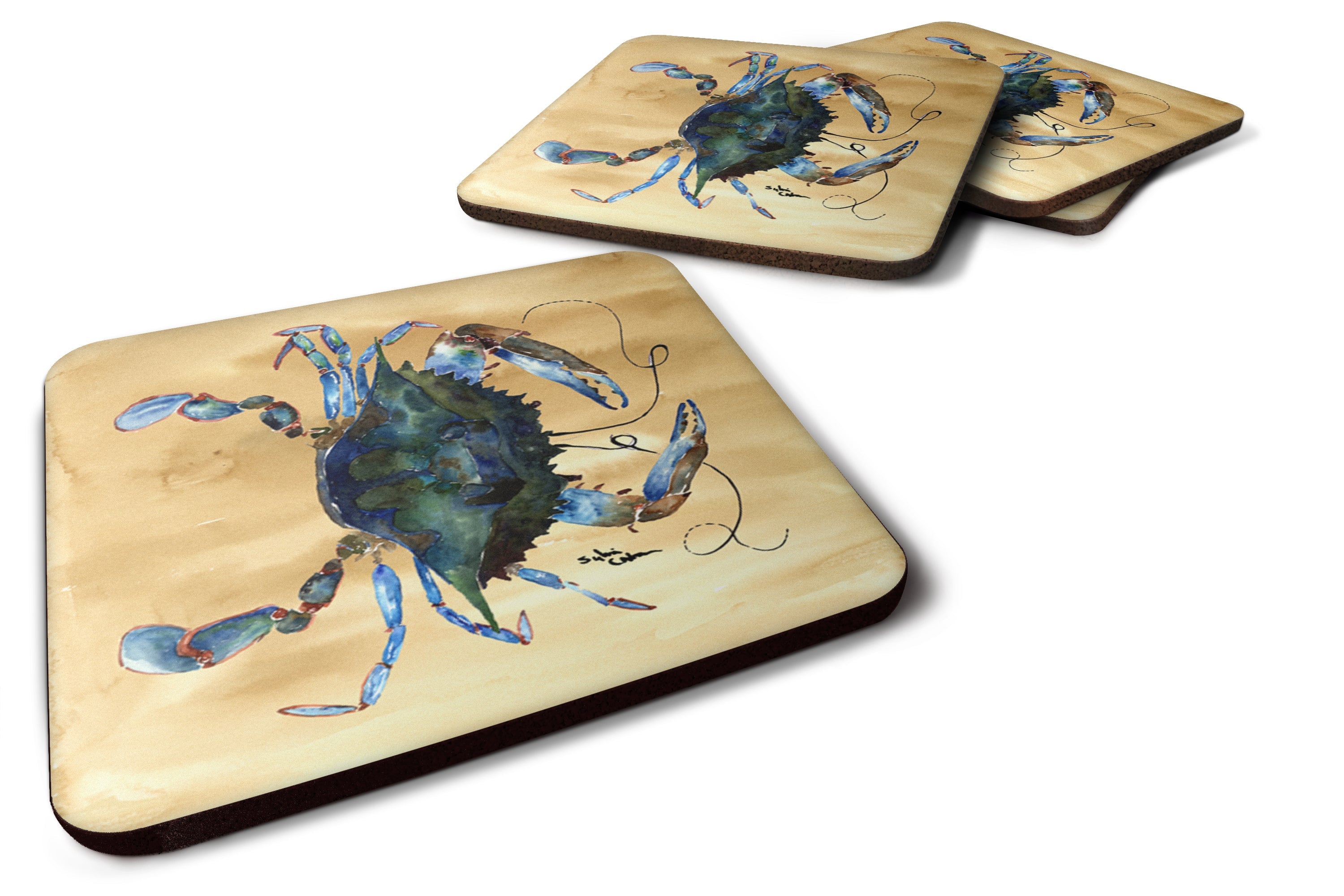 Blue Male Crab  Sandy Beach Foam Coasters Set of 4 Cup Coasters for Indoor Outdoor, Tabletop Protection, Anti Slip, Mouse pad Material
