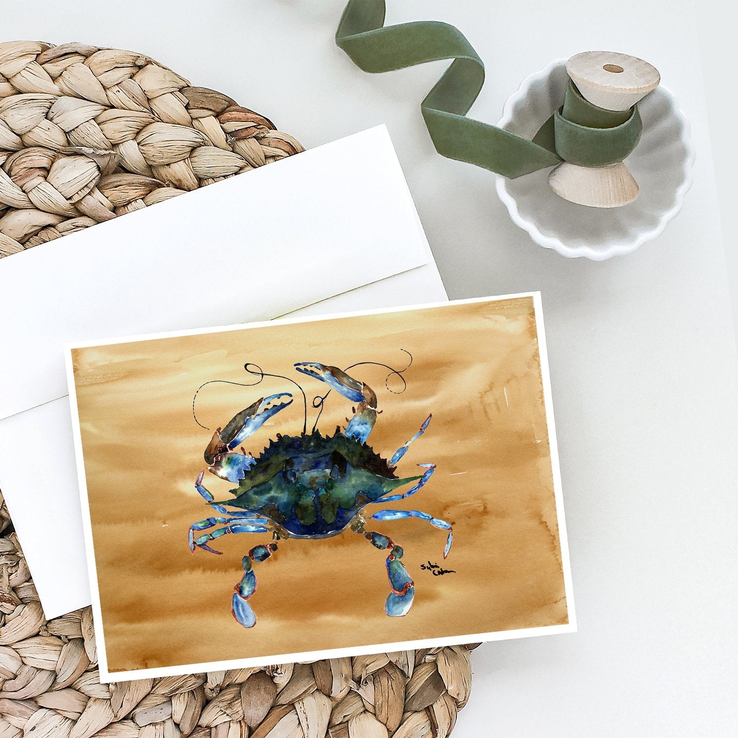 Blue Male Crab  Sandy Beach Greeting Cards Pack of 8 Blank Cards with Envelopes Whimsical A7 Size 5x7