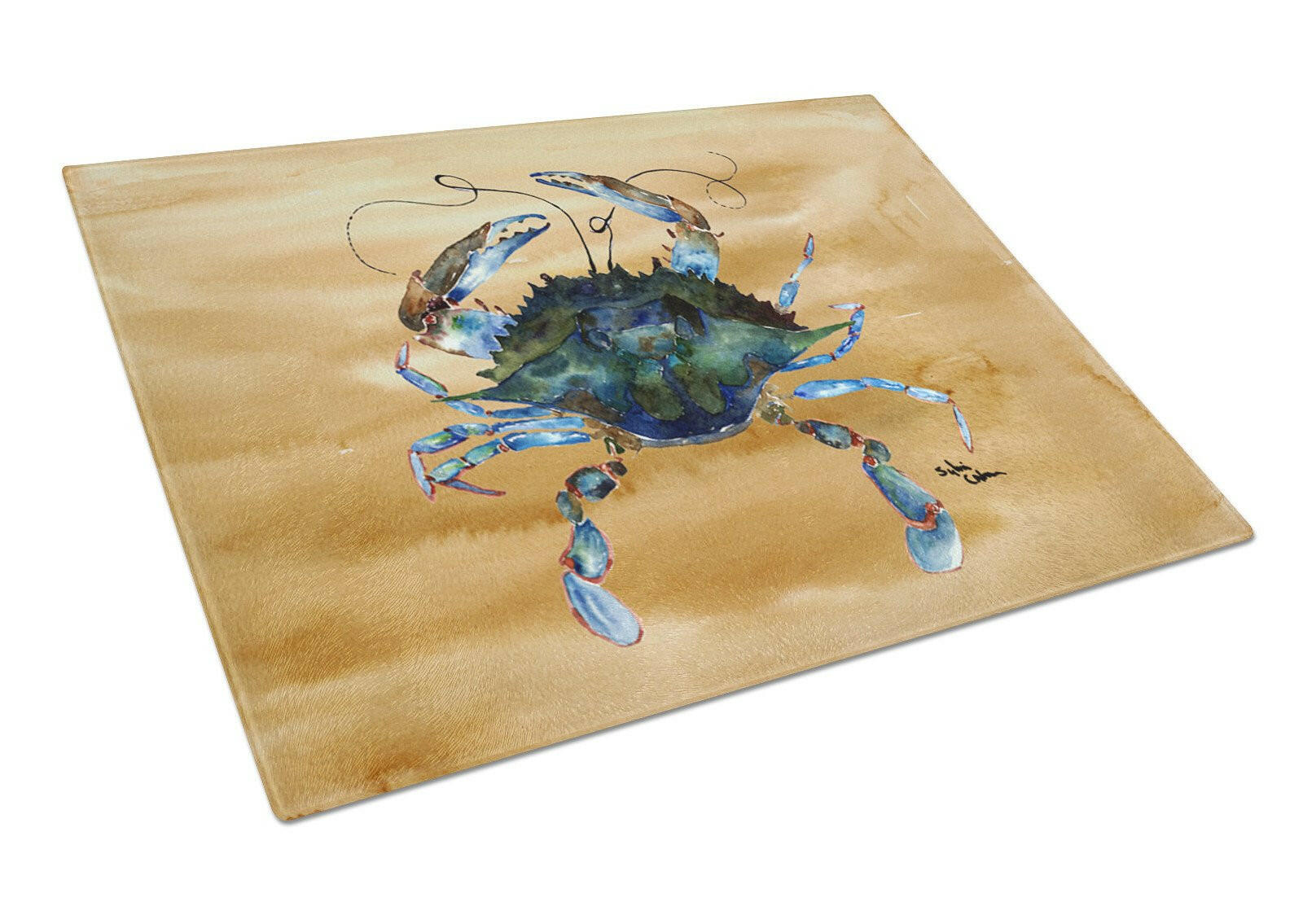 Blue Male Crab  Sandy Beach Cutting Board Tempered Glass Kitchen Cutting Surface, Heat Resistant Chopping, Non-Slip Feet, Food Prep & Serving