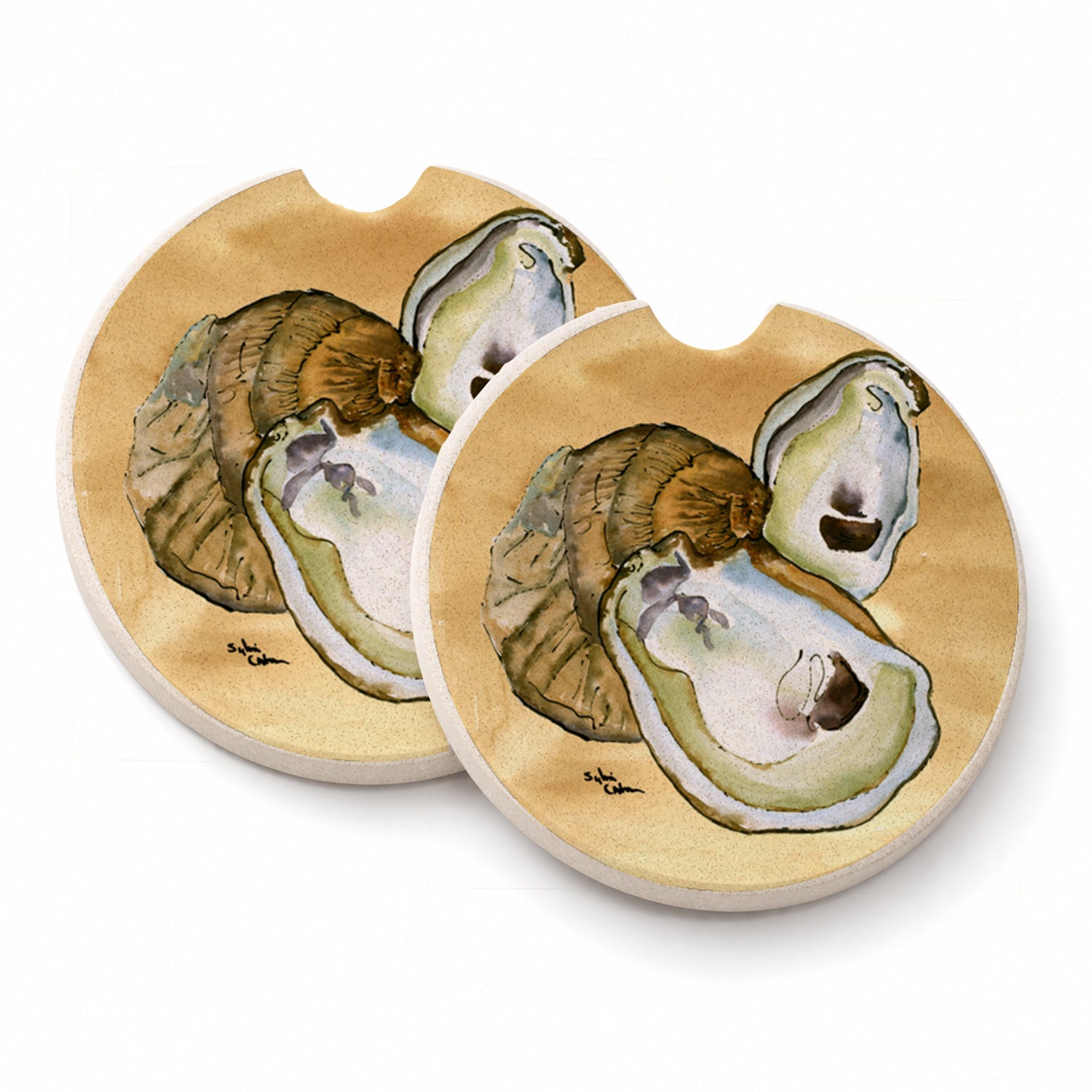 Oyster  Sandy Beach Set of 2 Cup Holder Car Coasters Absorbent Round Sandstone Coasters Gifts for Men or Women, 2.5, Multicolor