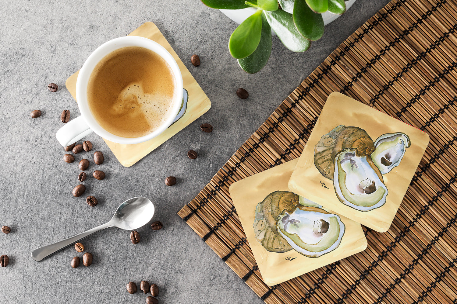 Oyster  Sandy Beach Foam Coasters Set of 4 Cup Coasters for Indoor Outdoor, Tabletop Protection, Anti Slip, Mouse pad Material