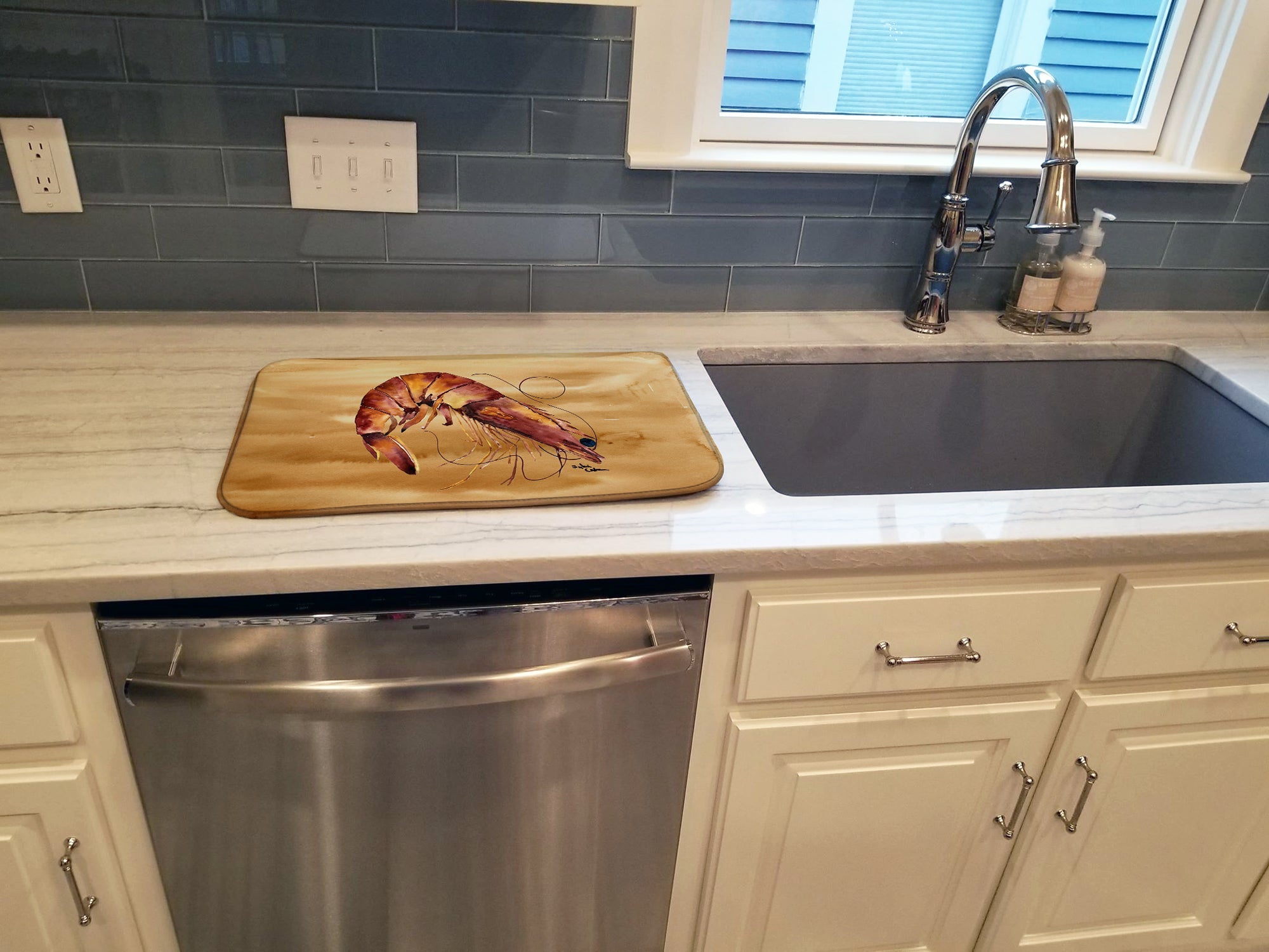 Shrimp  Sandy Beach Dish Drying Mat Absorbent Dish Drying Mat Pad for Kitchen Counter Dish Drainer Mat for Countertop, 14 x 21", Multicolor
