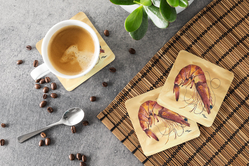 Shrimp  Sandy Beach Foam Coasters Set of 4 Cup Coasters for Indoor Outdoor, Tabletop Protection, Anti Slip, Mouse pad Material