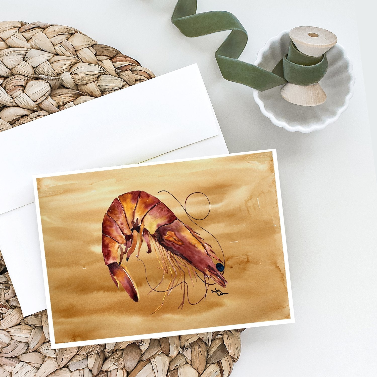Shrimp  Sandy Beach Greeting Cards Pack of 8 Blank Cards with Envelopes Whimsical A7 Size 5x7