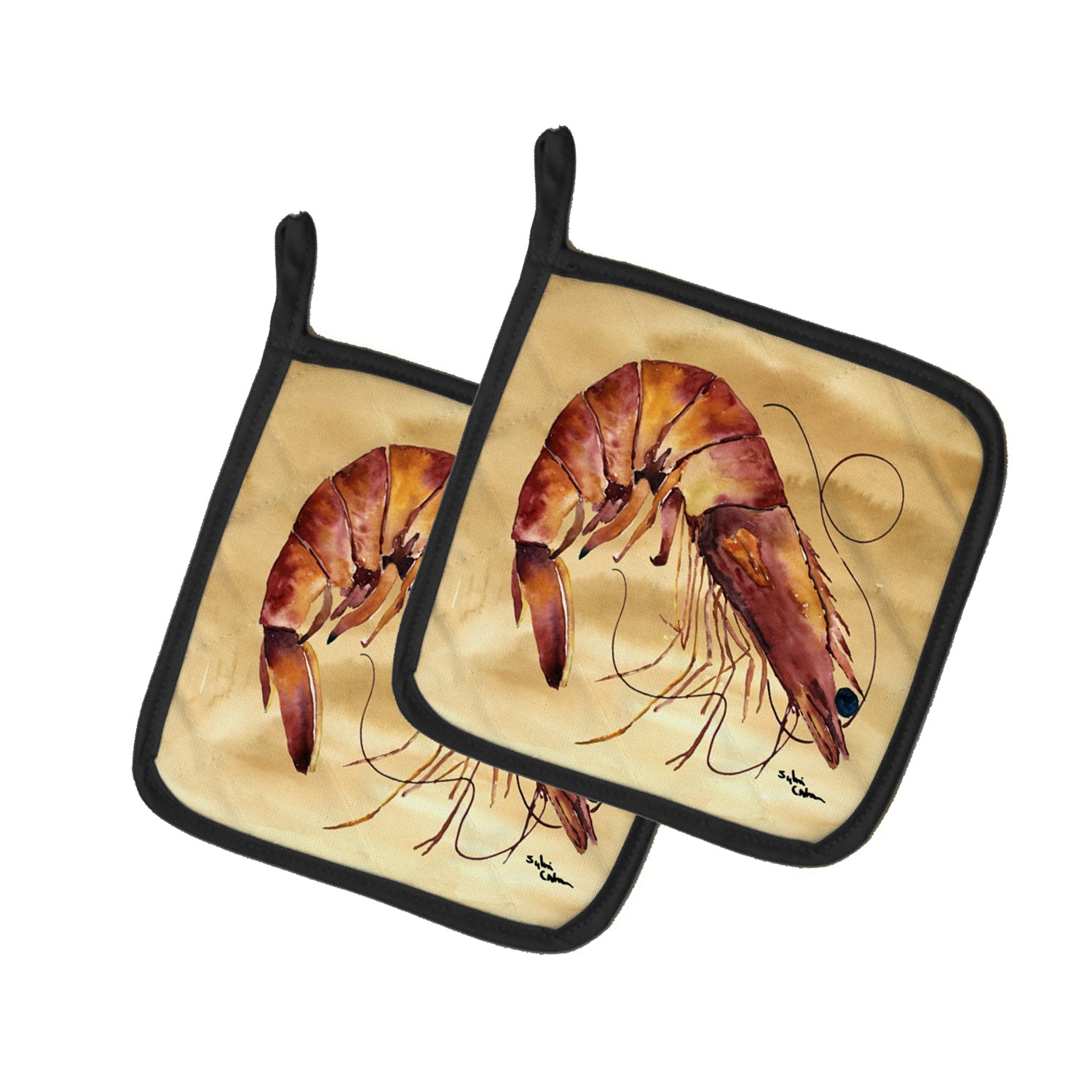 Shrimp  Sandy Beach Pot Holder Set of 2 Heat Resistant Quilted Hot Pads 7.5 x 7.5 Inch, Insulated Kitchen Trivets for Cooking & Baking